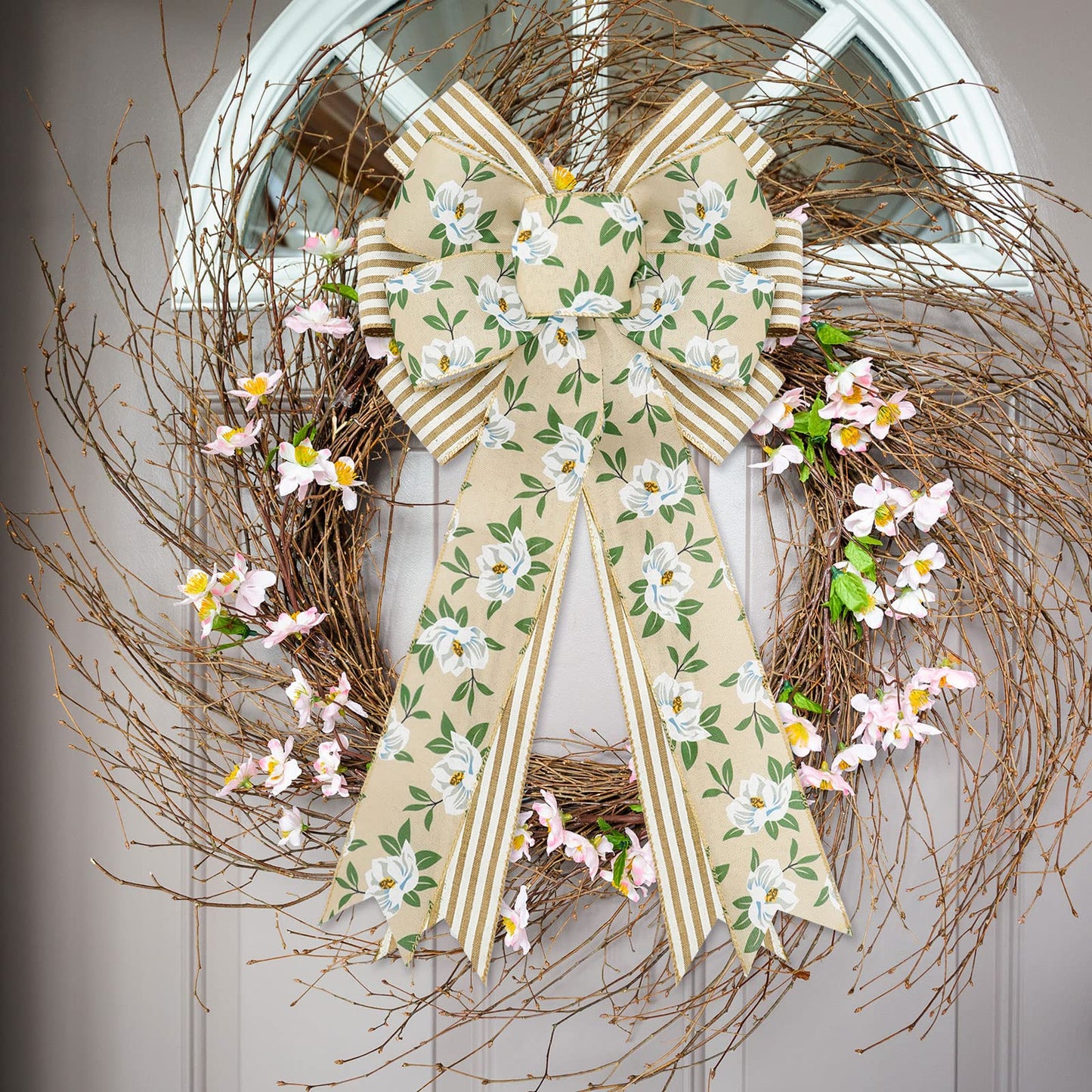 Whaline 2 Pack Spring Flower Wreath Bow Magnolia Floral Rustic Burlap Wired Edge Bow 11 x 21 Inch Large Spring Summer Farmhouse Wreath Bows Decor for Indoor Outdoor Wall Home Party Decoration