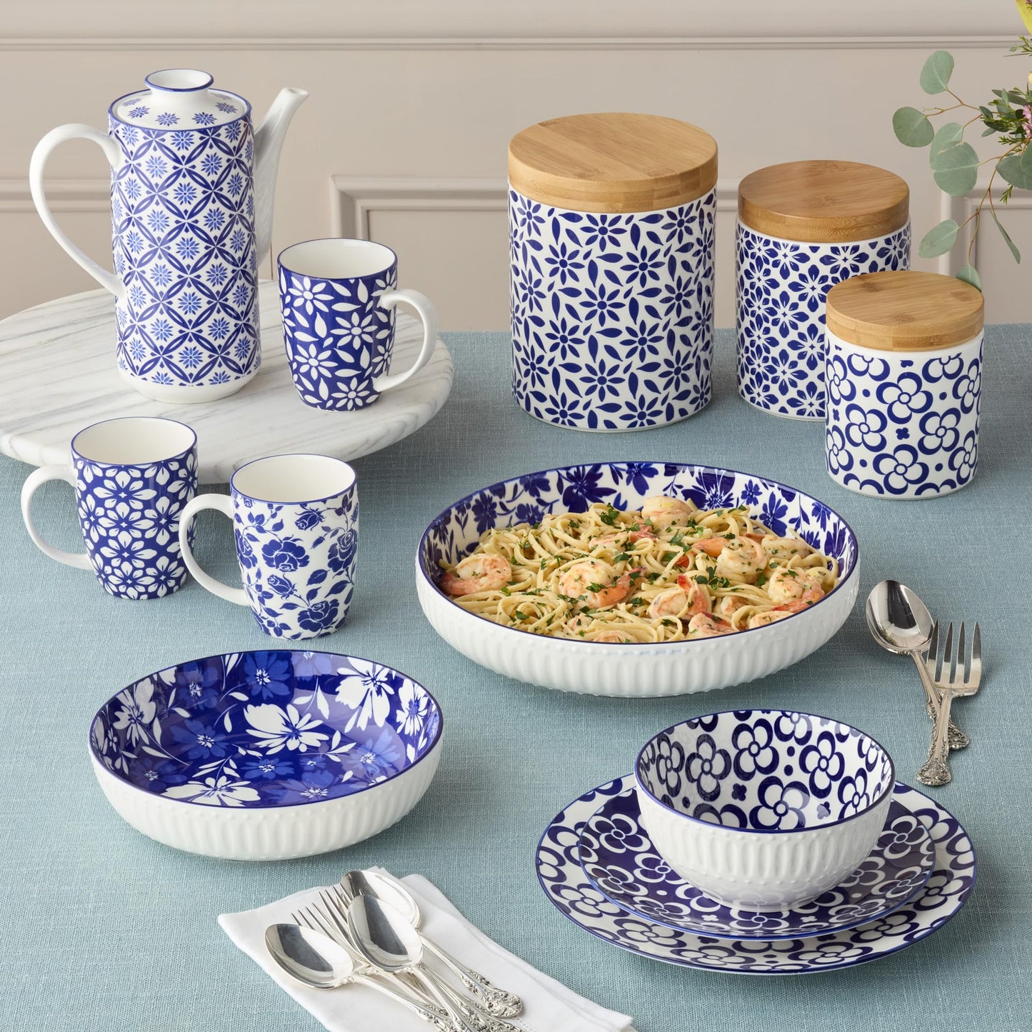 Madison 3pc Canister Set - Premium Porcelain with Bamboo Lids, Blue and White Patterns - Large 96 oz, Medium 80 oz, Small 30 oz - Perfect for Pantry Storage and Organization
