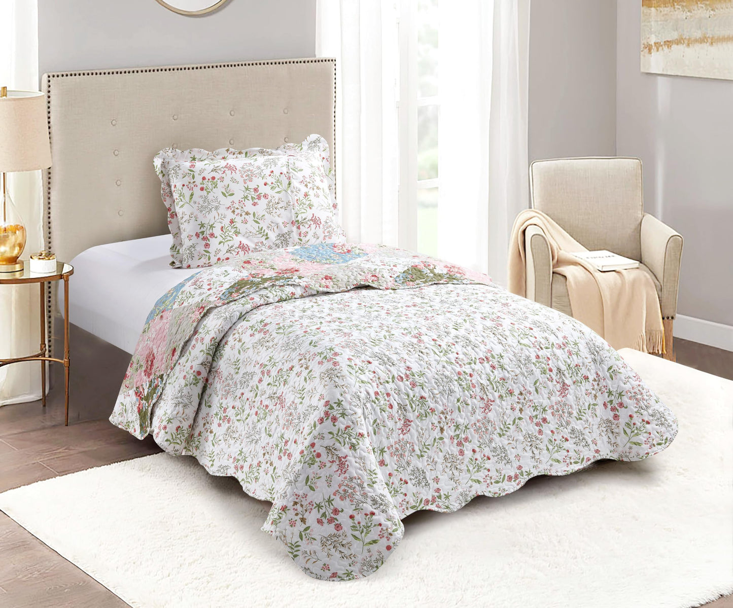 Brilliant Sunshine Peach and Olive Flowers Patchwork, 2-Piece Quilt Set with 1 Sham, Reversible Bedspread, Soft Lightweight Coverlet, All-Season, Twin, Peach Olive