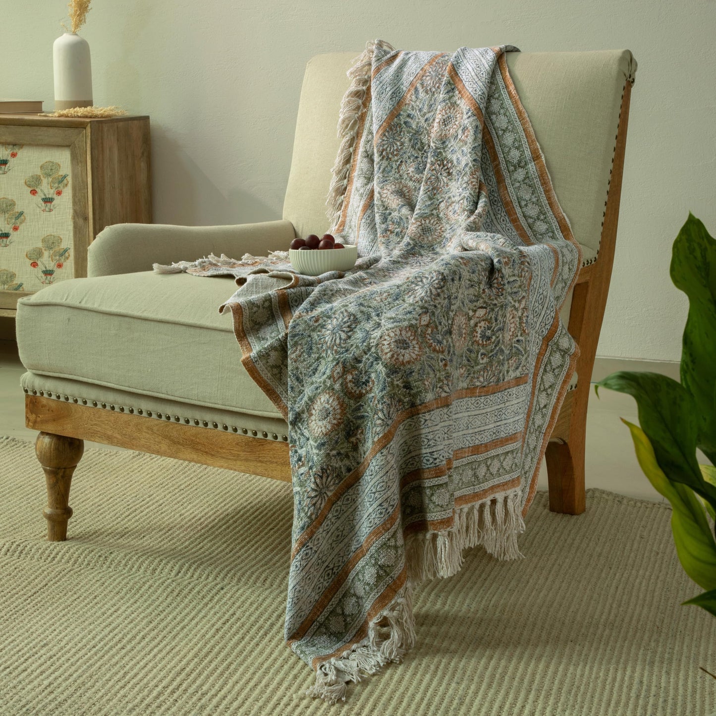 HOME WIBE 100% Pure Cotton Handblock Printed Throw Blanket, Soft 50" x 60" Fringed Floral Print Throw for Couch, Sofa, Chair, Bed - Cozy, Machine Washable, Comfortable Home Decor