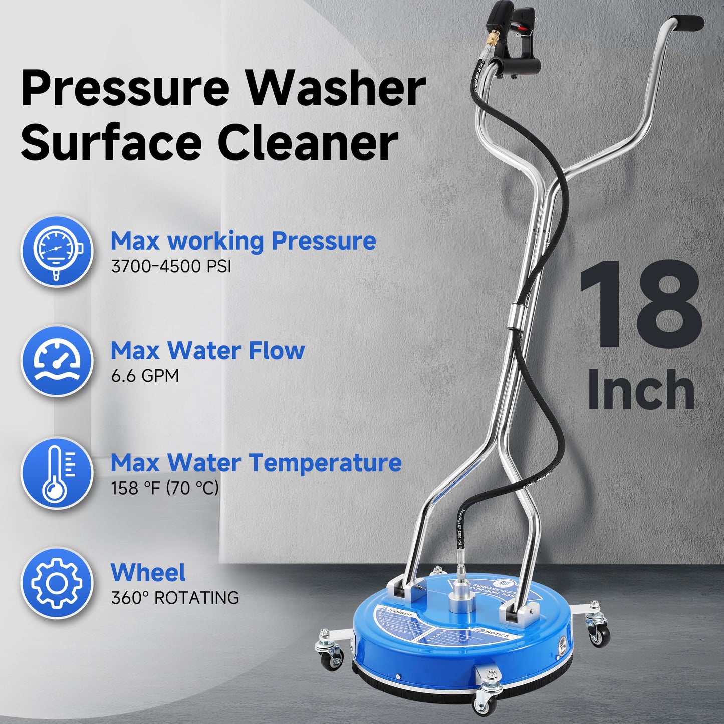 RIDGE WASHER 18’’ Pressure Washer Surface Cleaner, Surface Cleaner with Dual Handle, 4500 PSI Power Washer Surface Cleaners with Wheels for Cleaning Driveways, Sidewalks, Patios
