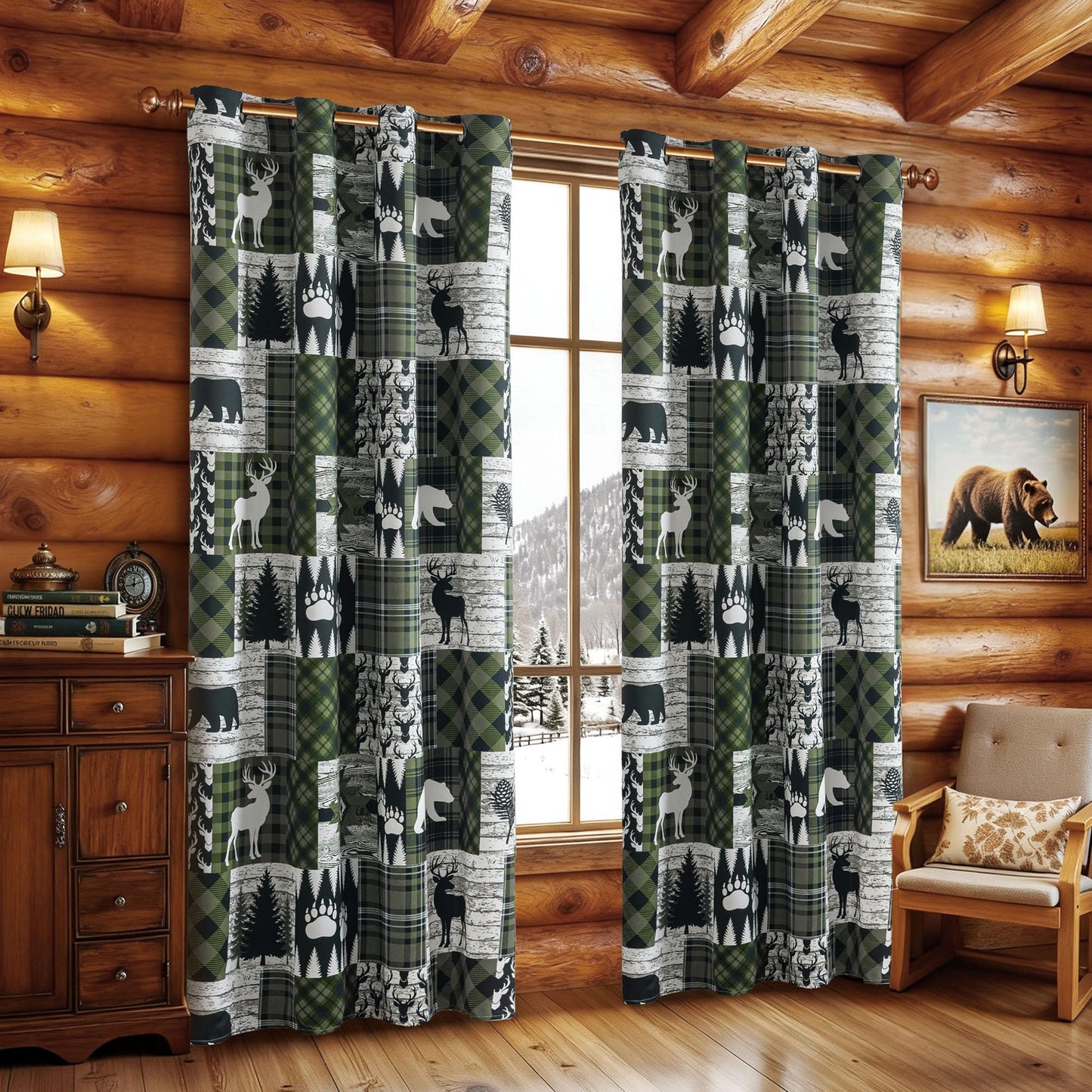 Dark Green Rustic Cabin Curtains 2 Panels Country Curtain 50% Light Blocking Darkening Grommet Window Treatments Farmhouse Patchwork Plaid Drapes Decorative for Living Room Bedroom, 52x96 inches