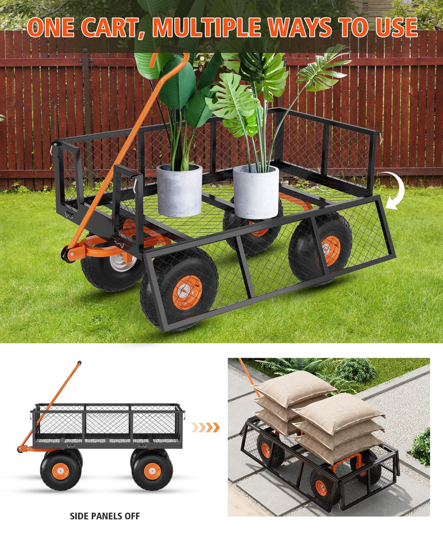 GarveeLife Heavy Duty Steel Garden Cart, 500 LBS Capacity 3 in 1 Pullable Garden Wagon with 10 in Wheels, for Gardening Soil, Tools, and Plant Transport