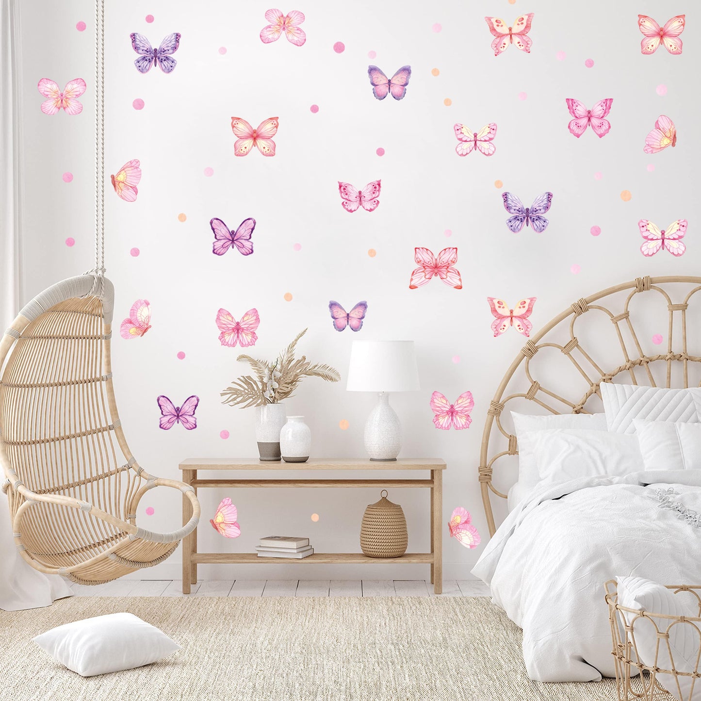 XUOIAYNB Pink Butterfly Wall Stickers,Butterflies with Plot Dots Vinyl Wall Decals, Removable Butterfly DIY Wall Art for Girl Bedroom Nursery Room Decor