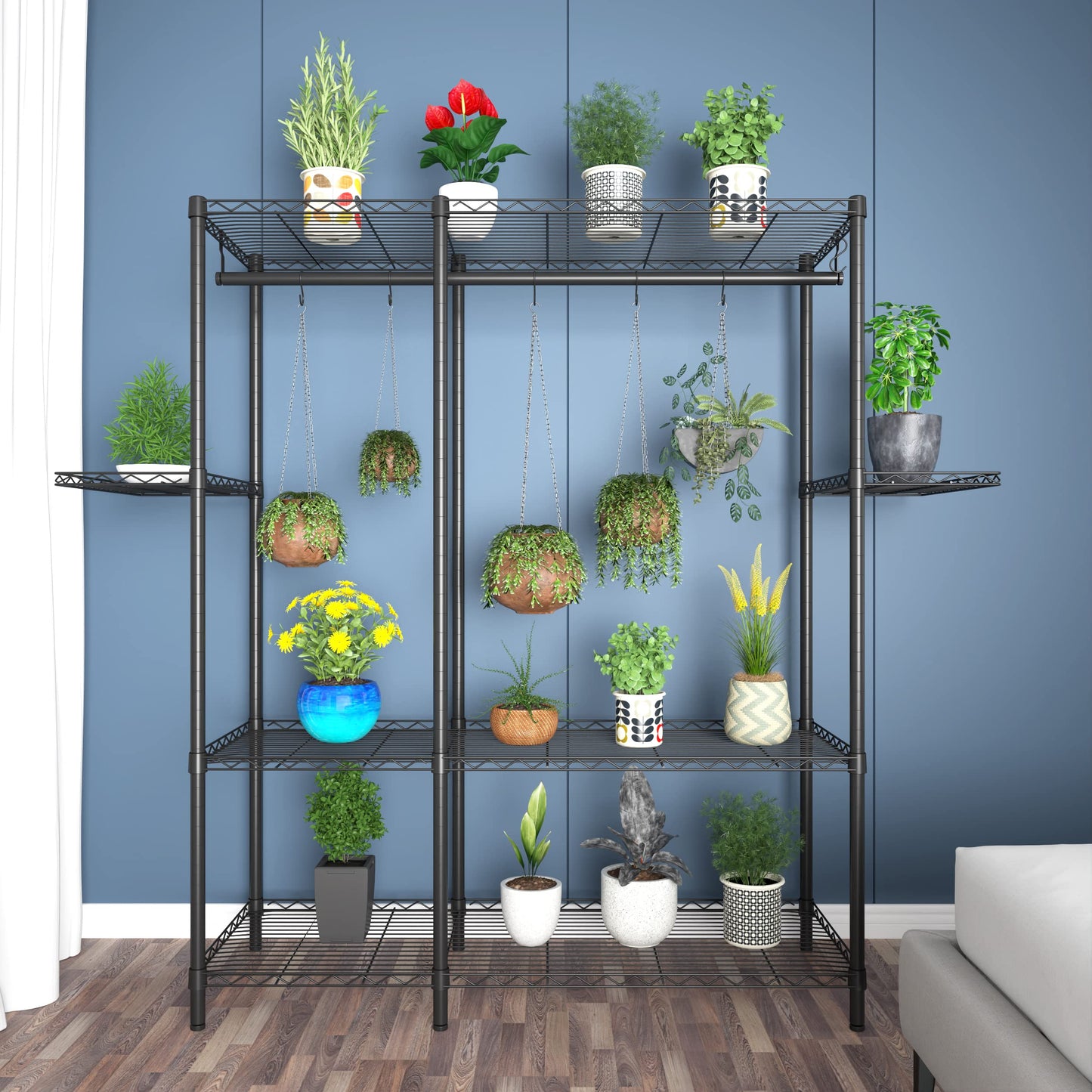 Xiofio 5-Tier Plant Stand for Indoor Outdoor, Large Reinforced Plant Shelf for Hanging Multiple Plants Plant Rack ,Adjustable Plant Stand Suitable for Bedroom Living Room Balcony Garden,Black