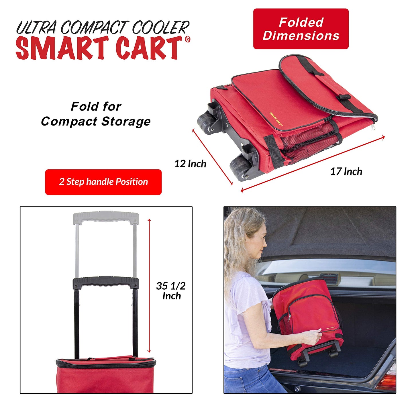 dbest products Ultra Compact Cooler Smart Cart, Red Insulated Collapsible Rolling Tailgate BBQ Beach Summer