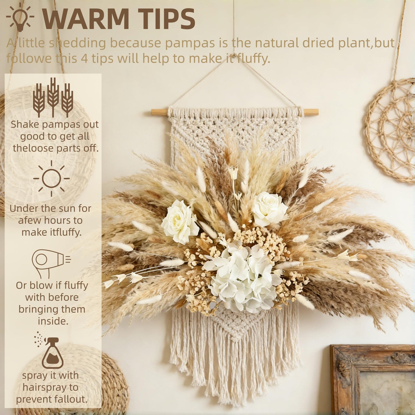 35” Pampas Grass Wall Decor Natural Fluffy Dried Reeds with Bunny Tails Baby Breath Artificial Hydrangea Flowers Large Pampas Easy Install for Home Wedding Arch Entryway Farmhouse Party Boho Decor