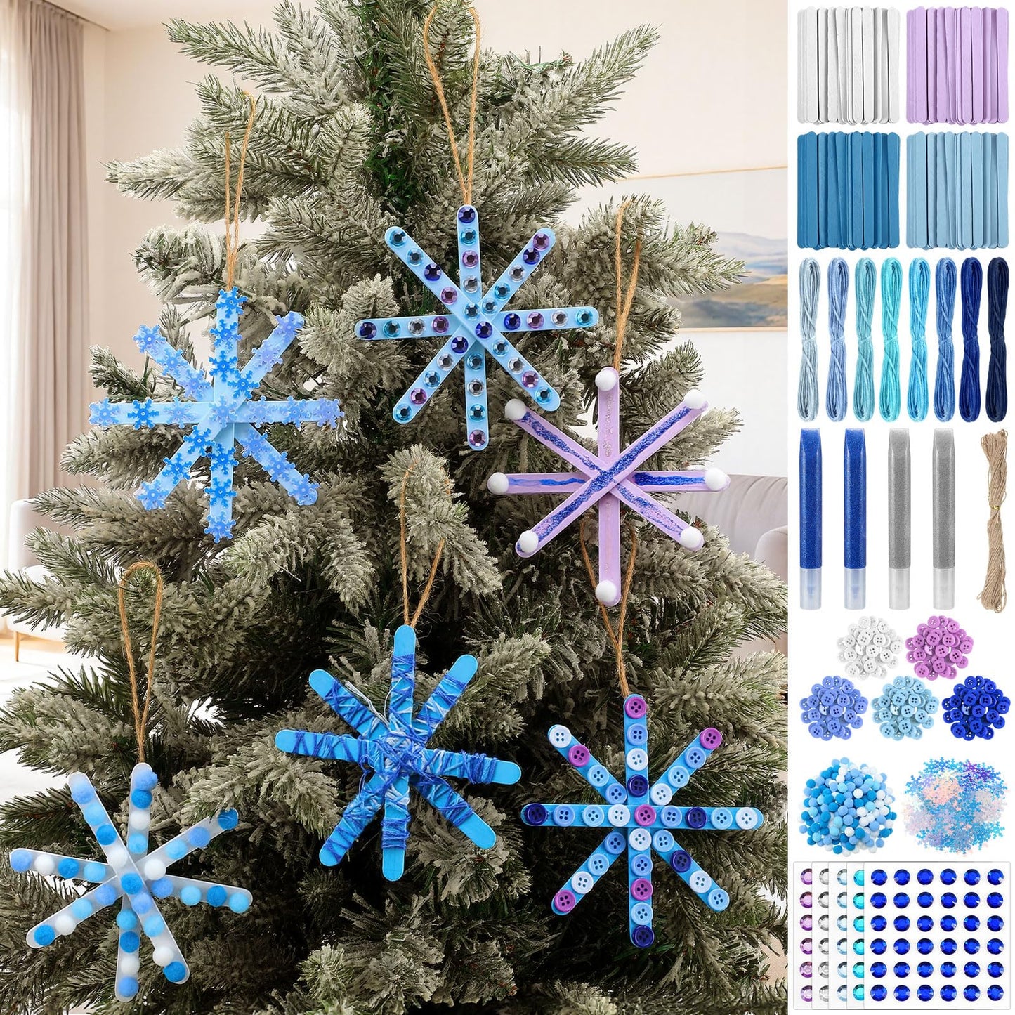 Jetec 25 Set Christmas Snowflake Craft Kit for Kids 6 Styles Christmas Ornament Make Your Own Snowflake with Pom Poms, Glitter Pens, Sequins, Diamond Sticker, Buttons, Cotton Thread for Xmas Tree