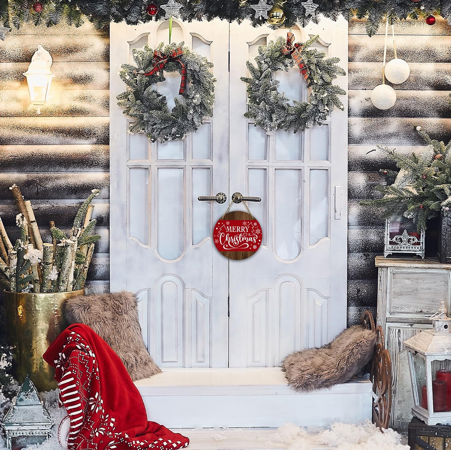Merry Christmas Round Red Wooden Hanging Door Decor Sign - 8 Inch Christmas Door Hanger with Rope, Indoor/Outdoor Farmhouse Decor Supplies