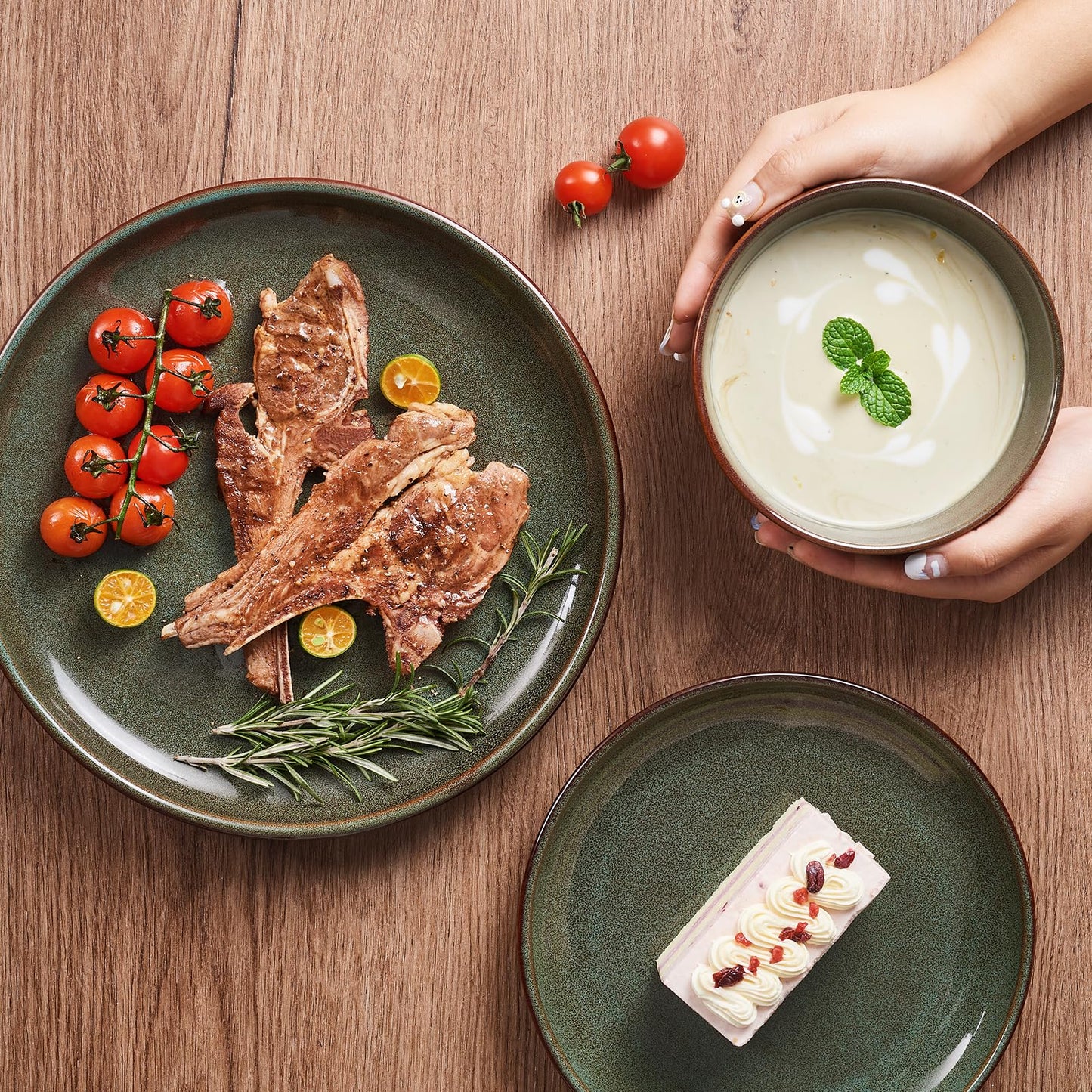 Pokini Stoneware Dinnerware Sets Service for 4, 12 pcs Reactive Glaze Plates and Bowls Sets, Handmade Ceramic Dish Set, Highly Chip and Crack Resistant Modern Plate Set, Brown Green