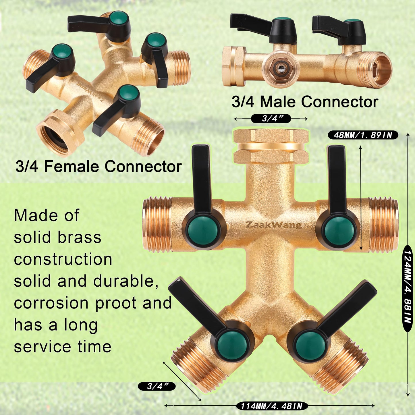Garden Faucet Splitter, 4 Way Hose Splitter, Multi-Directional High Output Outdoor Splitter, 3/4" GHT Thickened Hex Inlet, Heavy Duty Solid Brass Spigot Adapter with Comfort Extension Handles