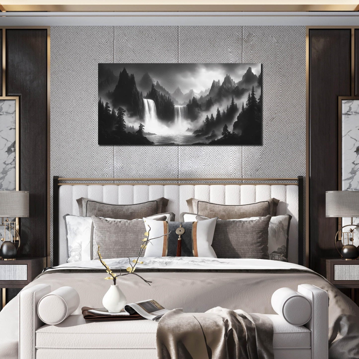 HUBOSKN Mountain Wall Pictures for Living Room Decor - Black and White Wall Art Bedroom - Waterfall Canvas Wall Art for Office Size 20" x 40"
