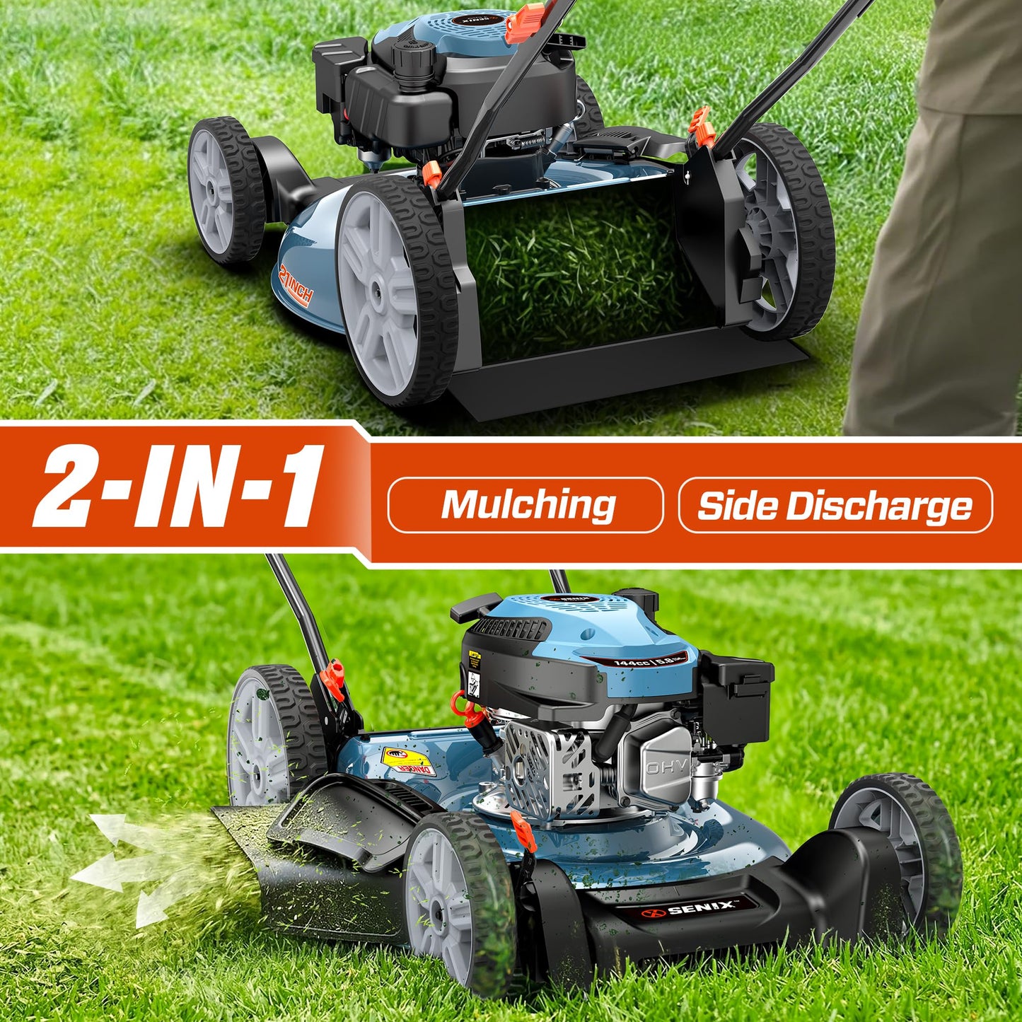 SENIX 21-Inch Gas Lawn Mower, 144cc 4-Cycle Engine, 2-in-1 Mulching & Side Discharge, 6-Position Height Adjustment, Push Walk-Behind Mower for Residential Yard & Garden