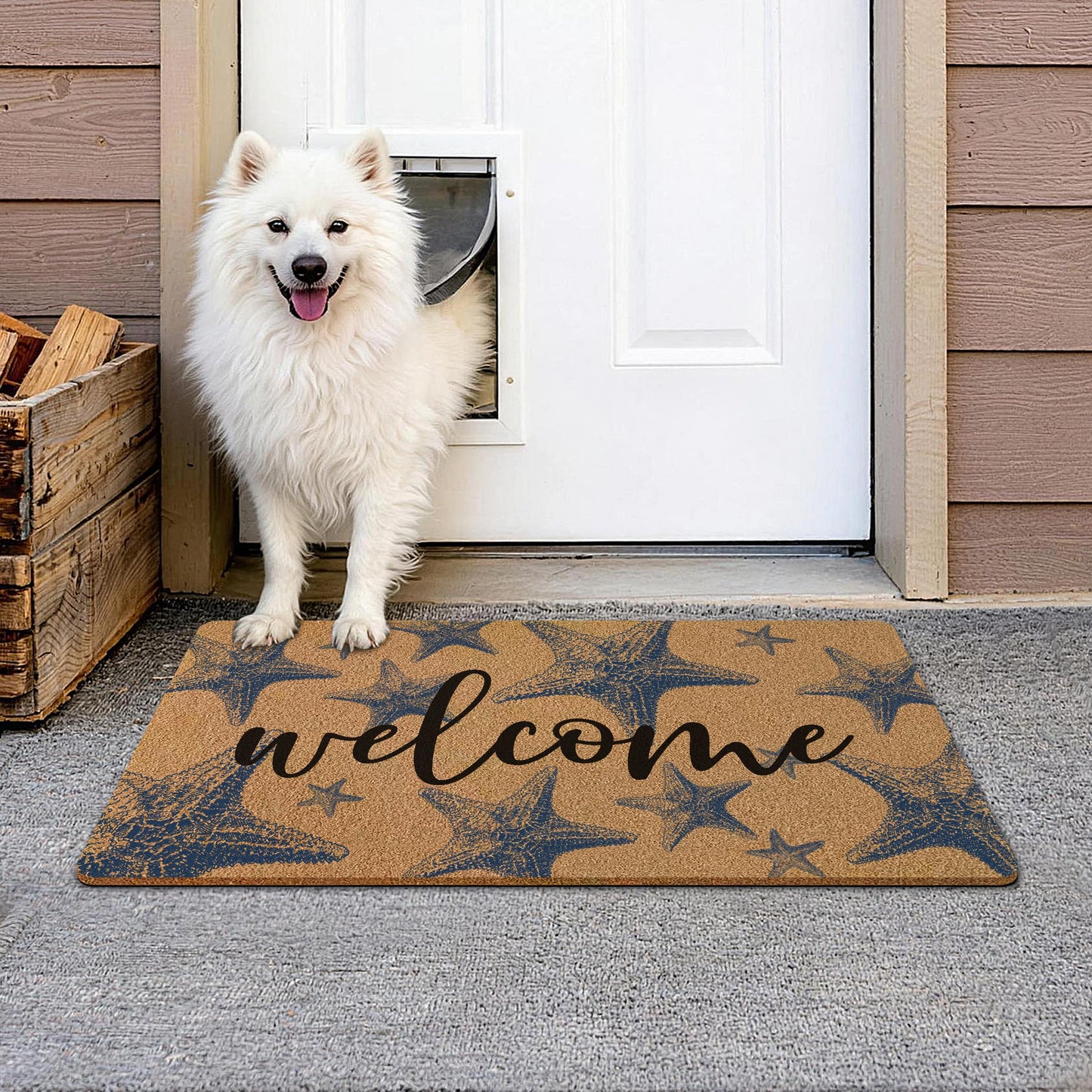 GUULIJEEMIY Coastal Starfish Door Mat, Nautical Blue Starfish Welcome Front Door Mat Rug Outdoor Indoor Entrance, Beachy Ocean Artificial Coir Doormat for Beach House Porch Patio Entry, 30x17 Inch