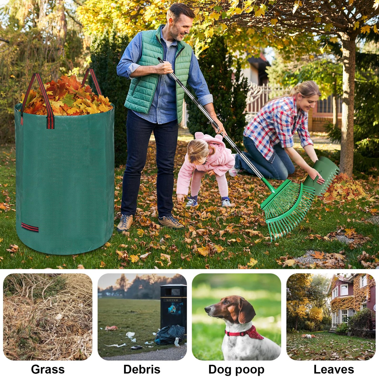 Adjustable Metal Leaf Rake Set – 25 Tines, 38-73" Handle, 19" Wide with 2 Pack 32-Gallon Leaf Bags & Scoops – Heavy Duty Garden Rake for Lawns, Shrubs, Grass, Flower Beds & Outdoor Use