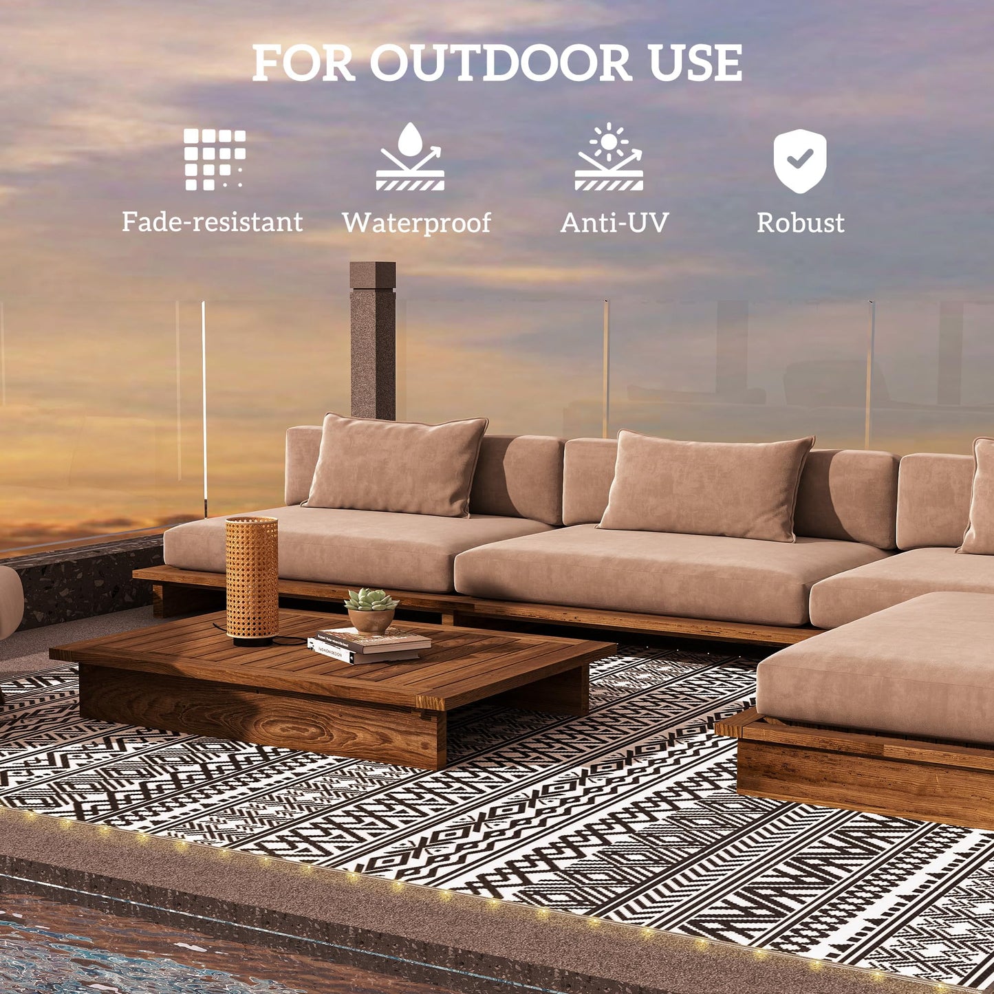 Outsunny Reversible Outdoor Rug Carpet with USB Lights, 12' x 9', Plastic Straw Rug, Patio Mat, Portable RV Camping Mat with Carry Bag