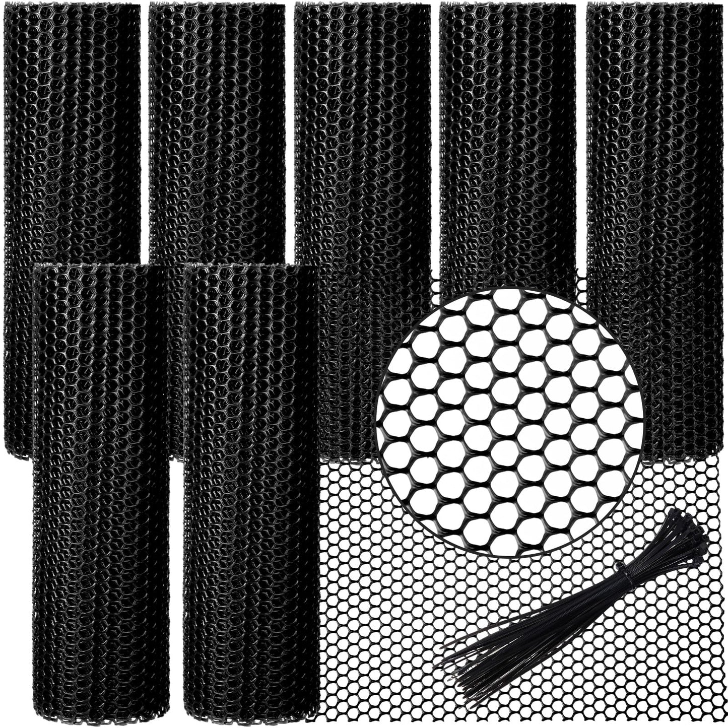 Landical 6 Rolls Plastic Chicken Wire Fencing Mesh 15.7 in x 10 ft Each Plastic Mesh Fence with Zip Ties Hexagonal Poultry Netting Garden Fencing Cat Fencing and Bird Netting(Black)
