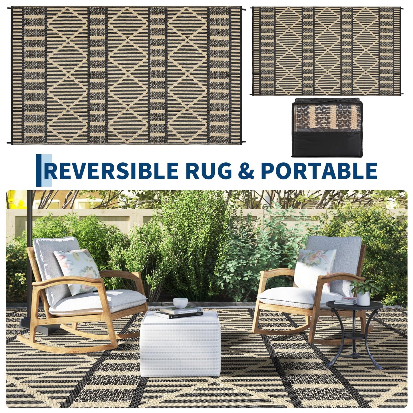IDEALHOUSE 9x18 Ft Outdoor Rug 320GSM PP Woven Double Sided Same Pattern Waterproof Geometric Patio Mat for Backyard Deck Porch Camping Picnic Beach, Black Coffee