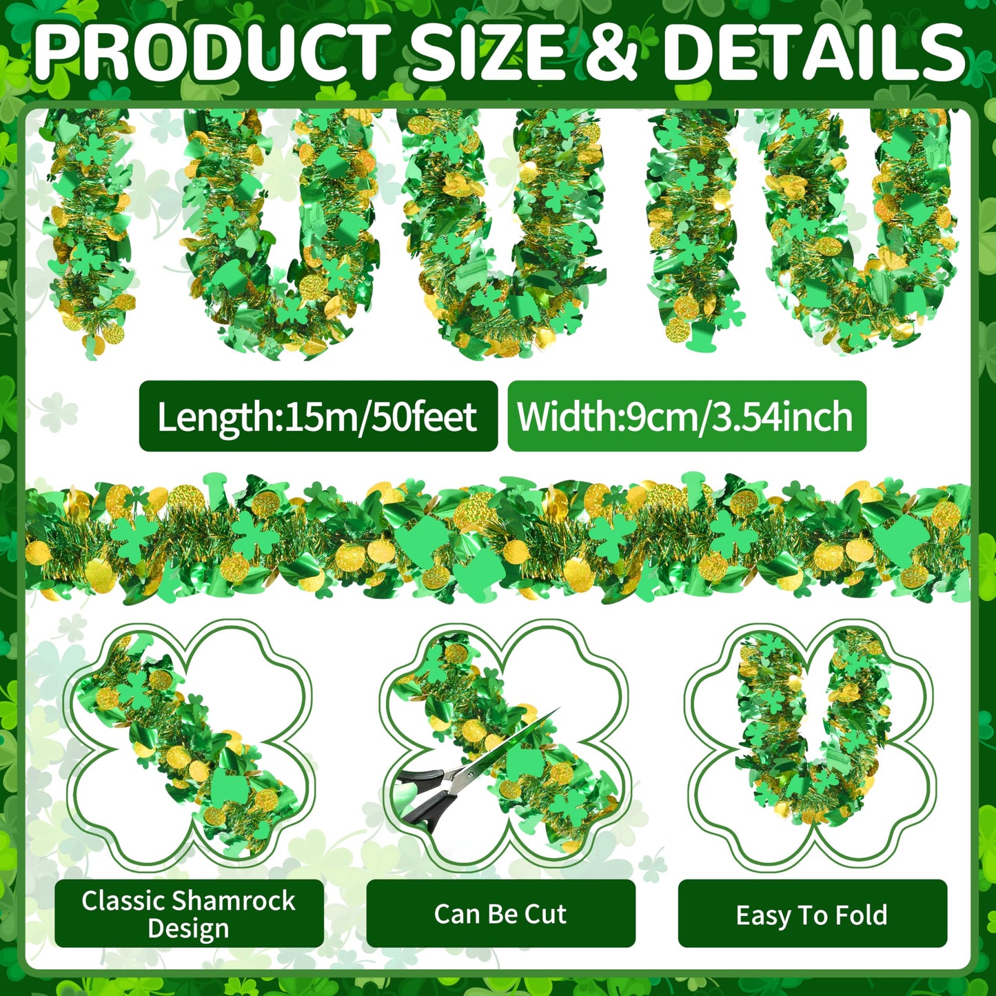 Palonu 50FT St. Patrick's Day Tinsel Garland Green Shamrock Gold Coins Metallic Tinsel Twist Garland for Irish Saint Patricks Day Party Home Decor Indoor Outdoor Decoration