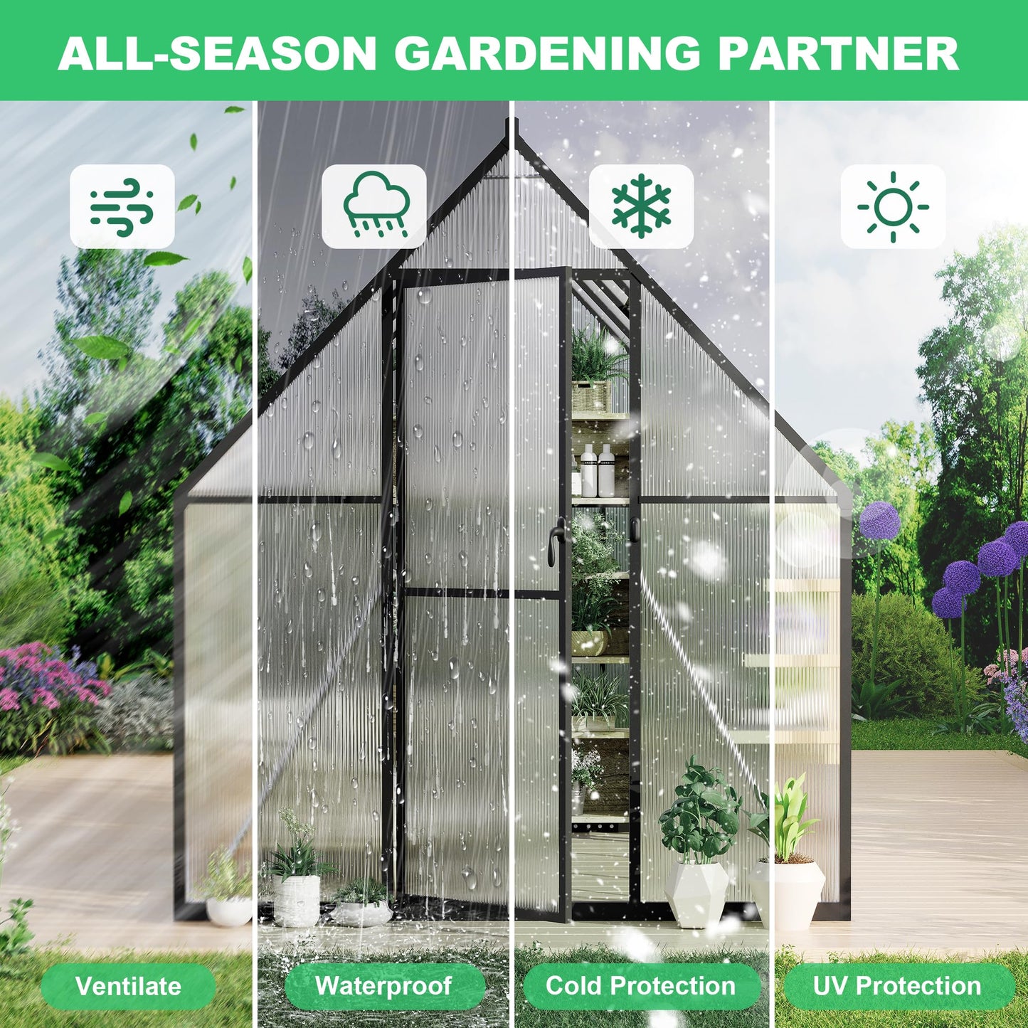 GarveeLife 6'x7' Aluminum-Framed Polycarbonate Greenhouse, Heavy Duty Polycarbonate Greenhouse with Quick Setup Structure and Roof Vent, Large Enhanced Aluminum Green House Kit for Outdoors