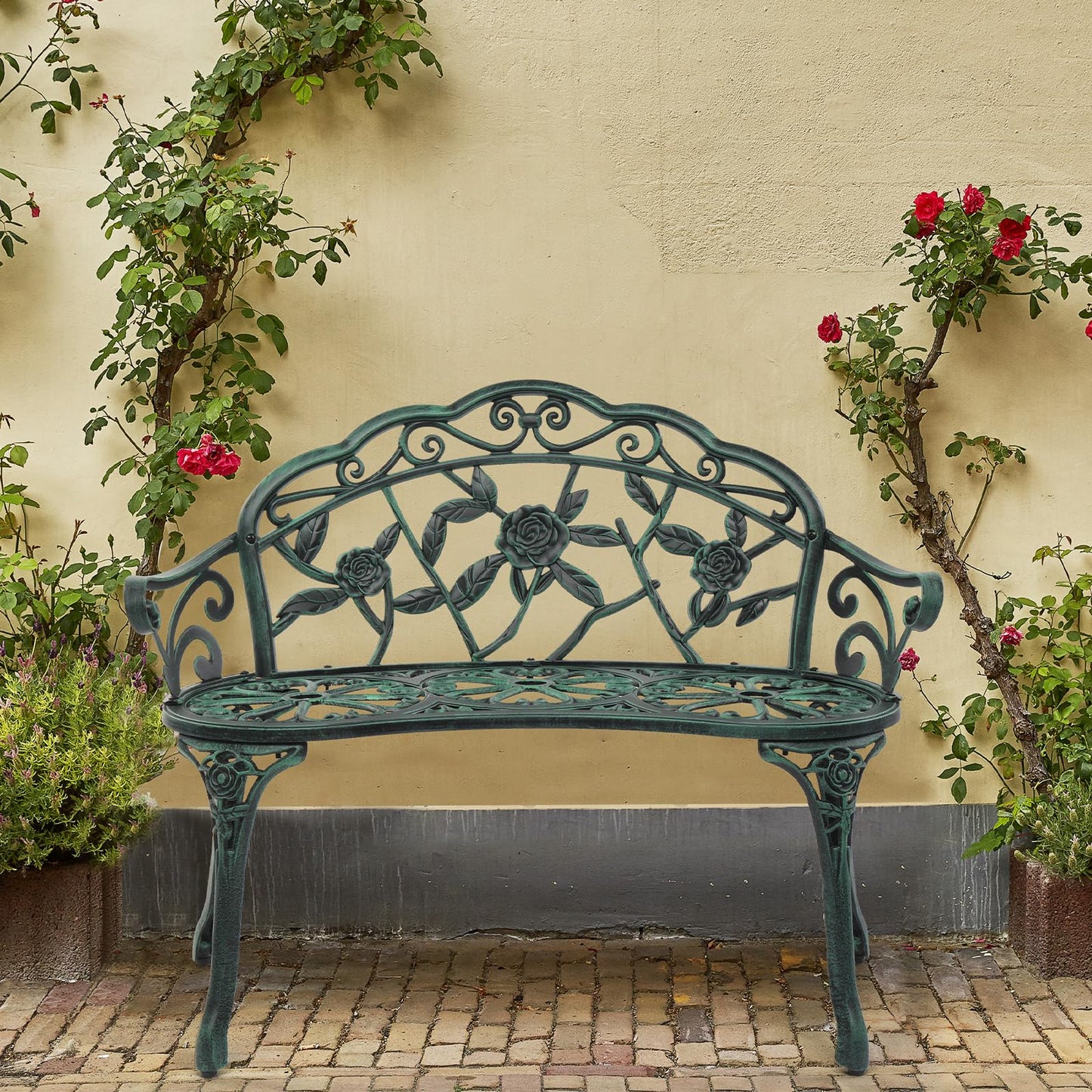 Outvita Outdoor Bench, 38"" Cast Aluminum Garden Bench Anti-Rust Weather Resistant Patio Bench Rose Pattern Bench for Front Porch, Backyard, Lawn, 1, Green