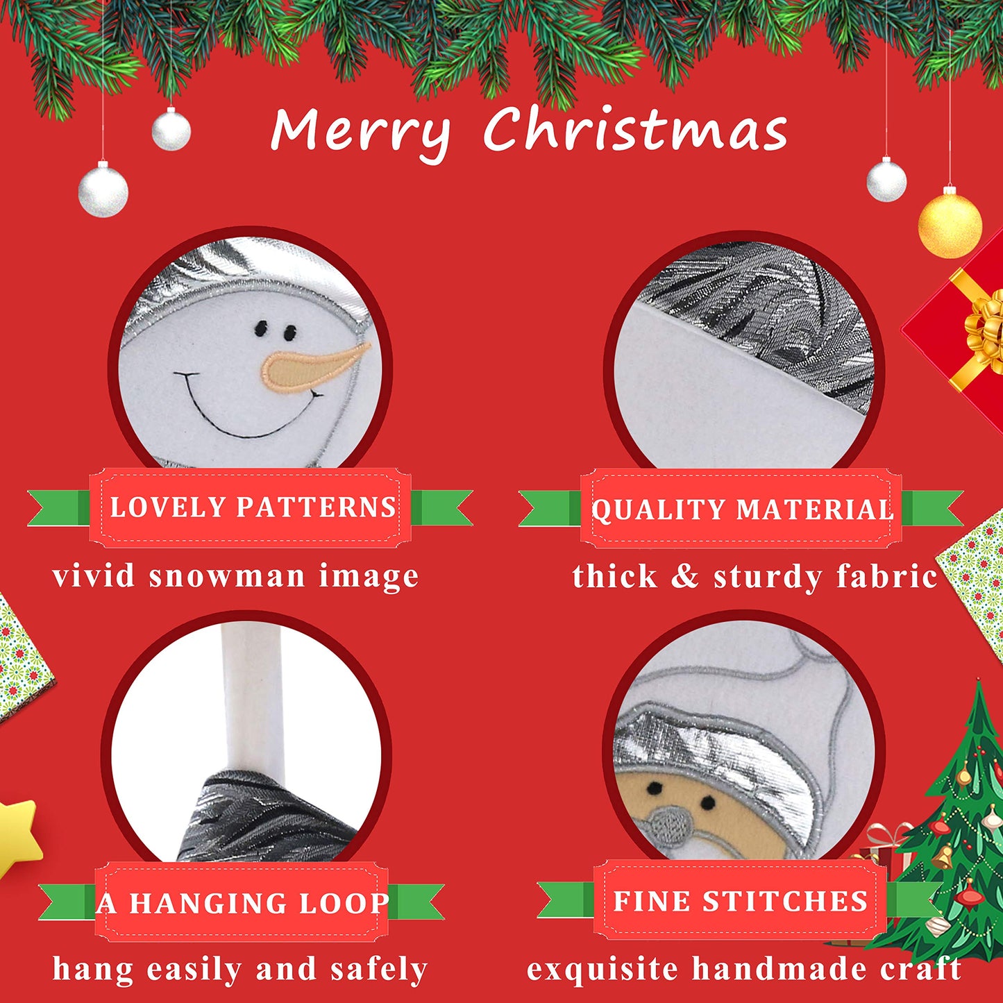 WEWILL Classic White Silvery Christmas Stockings Set of 2 Santa, Snowman Xmas Character Fireplace Hanging Stockings 17 inches for Holiday Party Family