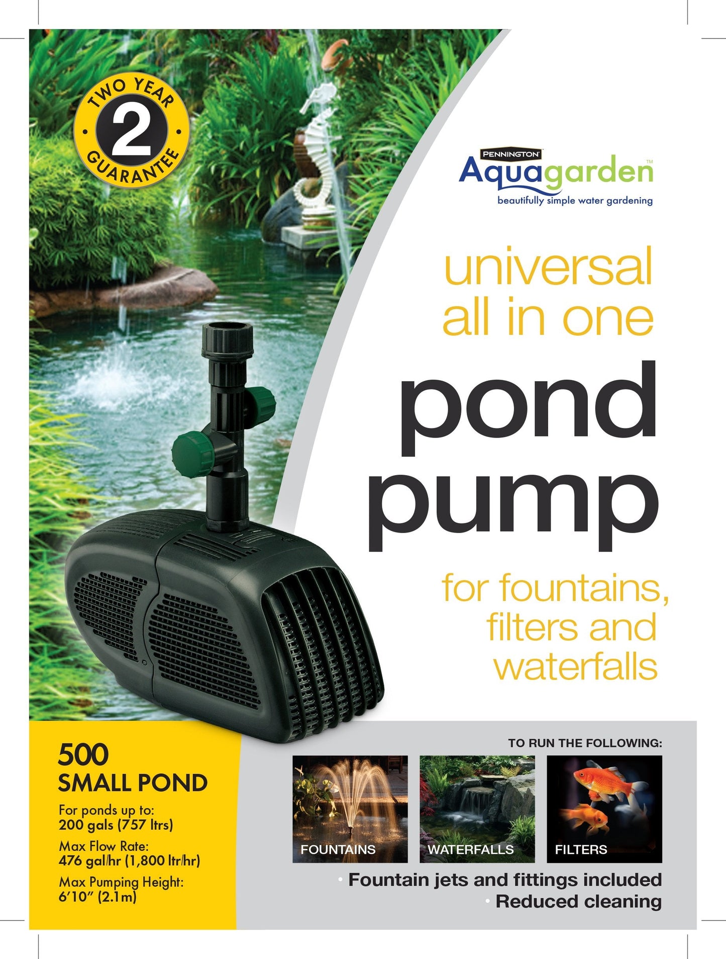 Pennington Aquagarden , Universal 500 All in One Submersible Pond & Water Pump , Suitable for Fountains, Filters, Waterfalls, Hydroponics & Aquaponics , For Ponds up to 200 Gallons (1056151)