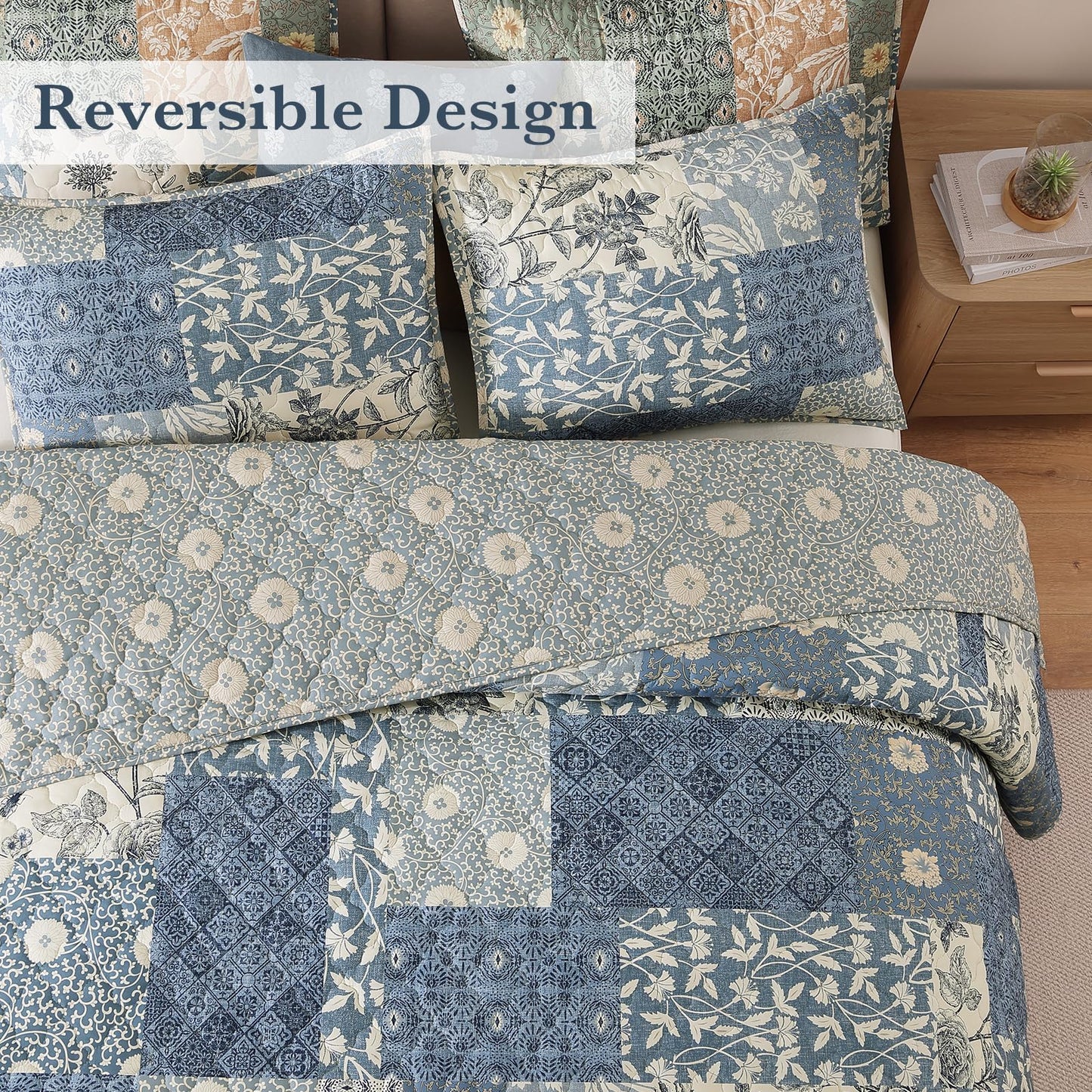 CASAAGUSTO Queen Quilt Set - 3 Pieces Patchwork Blue Quilt Bedding Set, Lightweight Queen Bedspread Coverlet, Reversible Floral Bed Cover for All Seasons (90"x94", 1 Quilt + 2 Pillow Shams)