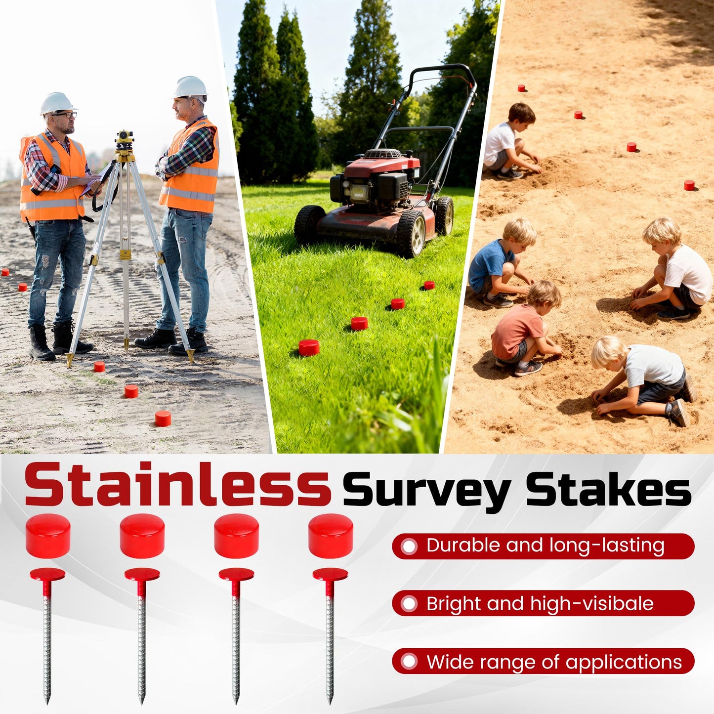 2 Pack Rebar Property Line Markers, 12 Inch Heavy Duty Galvanized Steel Survey Markers Stakes Hi-Vis Red Property Land Boundary Markers for Paving Gardens Lawn Edges Landscaping Edging Weed Barriers