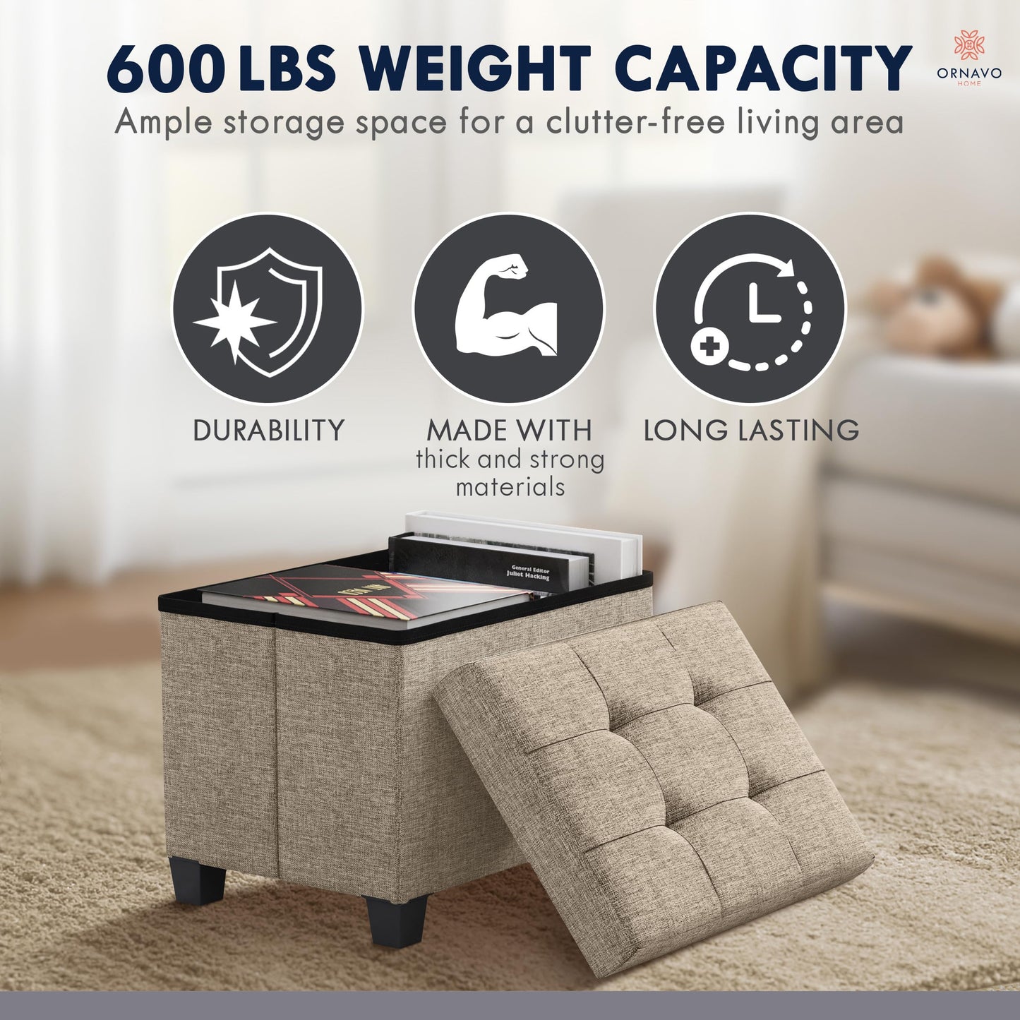 Ornavo Home Storage Ottoman Small Rectangle Ottoman with Legs, Foot Rest Stool Seat, Load up to 600 LB, for Living Room, Bedroom, Home Office, Dorm - 12 x 16 x 12, Tan