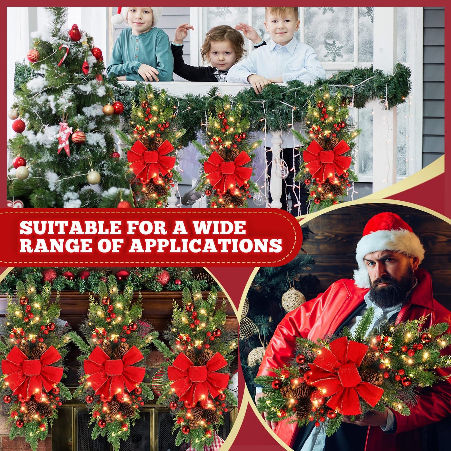 Lyrow 2 Pack Christmas Artificial Swags 24" Xmas The Cordless Prelit Stairway Swag Teardrop Trim Wreath Door Stair Garland Christmas Wreath for Outdoor Home Garden Decor (Red Ribbon)