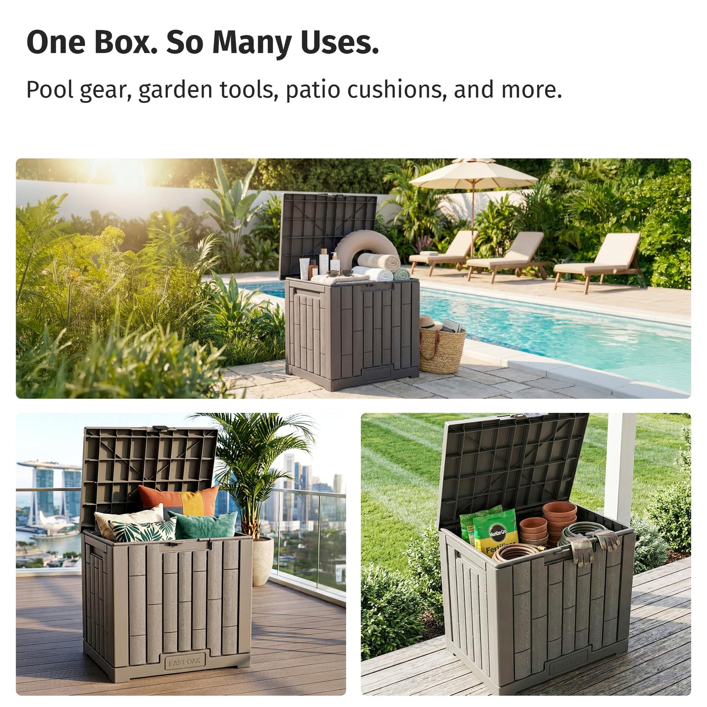EAST OAK Outdoor Storage Box, 31 Gallon Deck Box Indoor and Outdoor Use, Waterproof Resin Storage Bin for Package Delivery, Patio Cushions, Gardening Tools, Lockable, UV Resistant, Grey