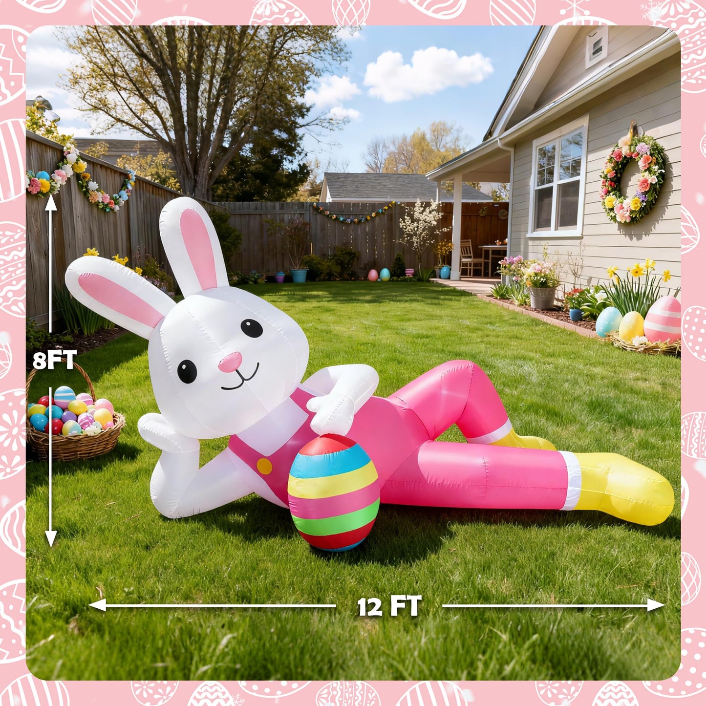 12ft Giant Easter Bunny Inflatable Lying Bunny Outdoor Decorations Blow up Decor for Yard Decor/Lawn/Garden/Holiday Party