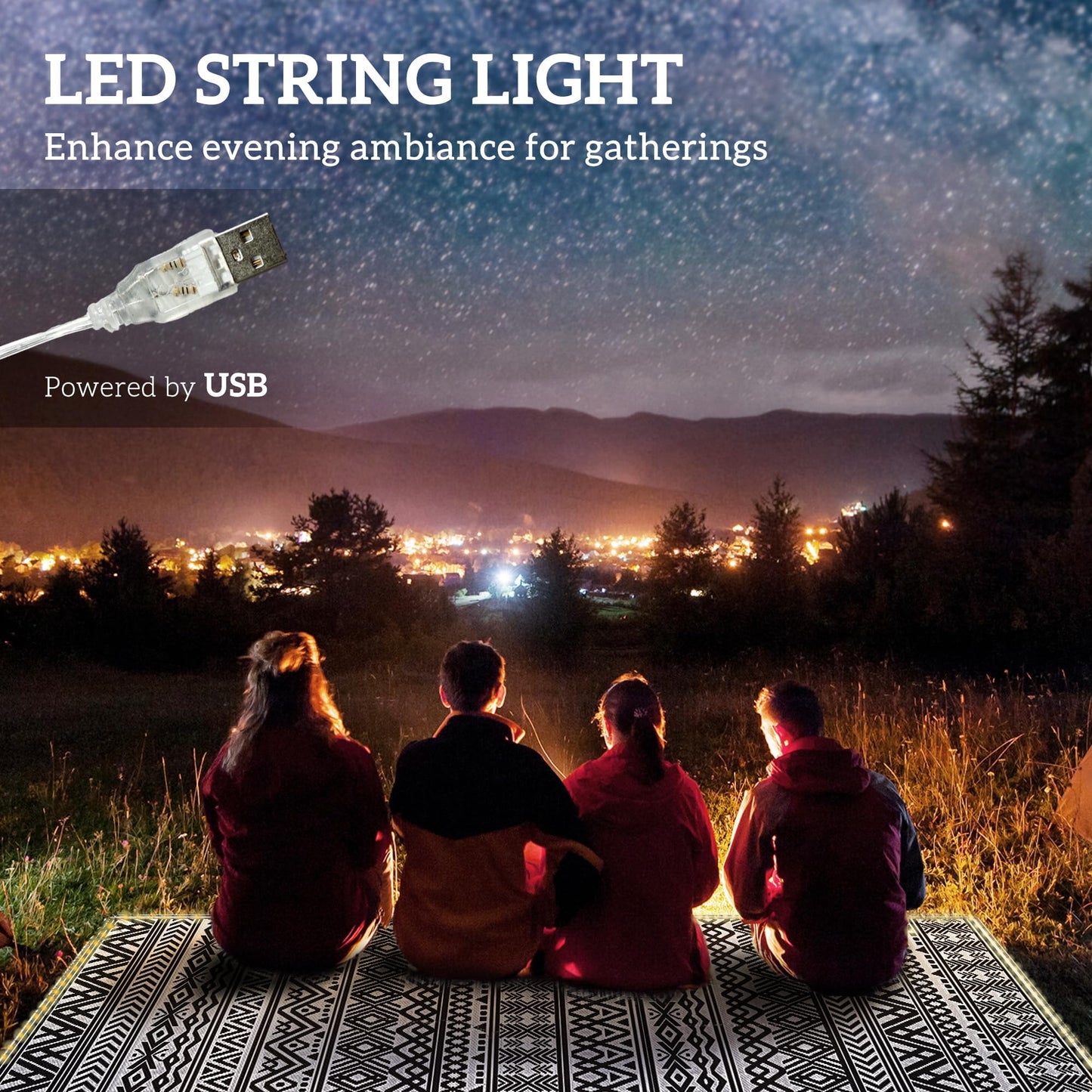 Outsunny Reversible Outdoor Rug Carpet with USB Lights, 12' x 9', Plastic Straw Rug, Patio Mat, Portable RV Camping Mat with Carry Bag