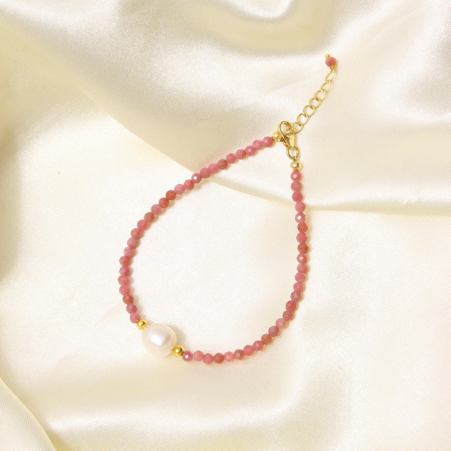 A&M Gems 2.5-3 mm Natural Rhodochrosite Round Faceted Beaded Bracelet with Pearl Crystal Jewelry, Brass Gold Plated Bracelet, 1-Inch Adjustable Chain, Handmade Bracelet, 7-Inch, Gifts for Women