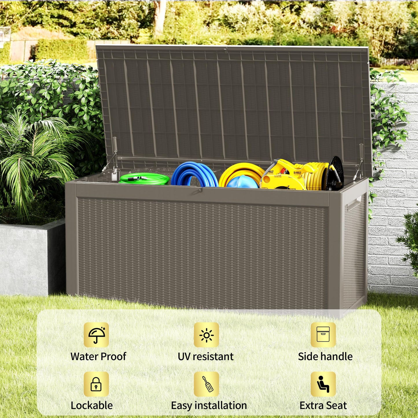 TARKARI 320 Gallon Lockable Resin Deck Box, Waterproof & UV-Resistant Outdoor Storage Box for Outdoor Cushion Storage, Garden Tools & Pool Accessories Storage, Gray