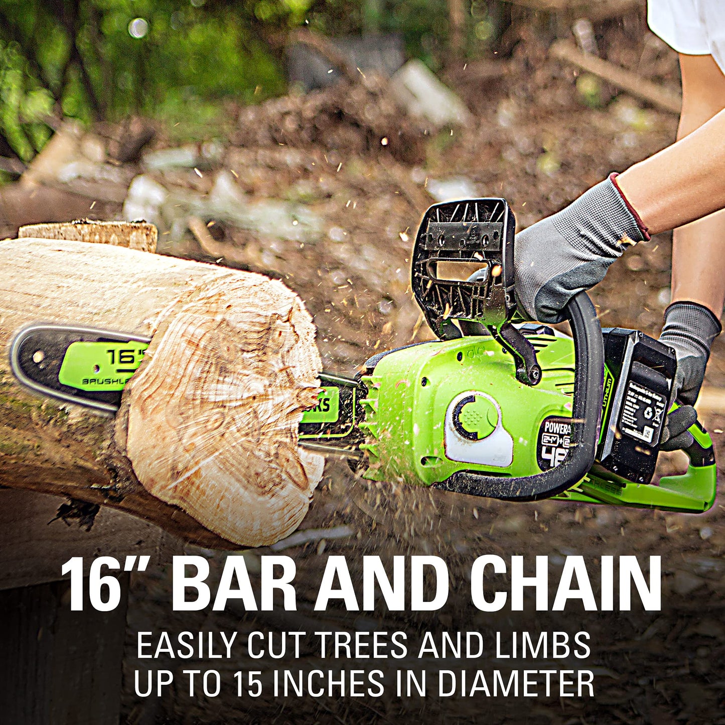 Greenworks 48V (24V x 2 ) 16" Brushless Cordless Chainsaw (Great For Tree Felling, Limbing, Pruning, and Firewood / 200+ Compatible Tools), (2) 4.0Ah Batteries and Dual Port Rapid Charger Included