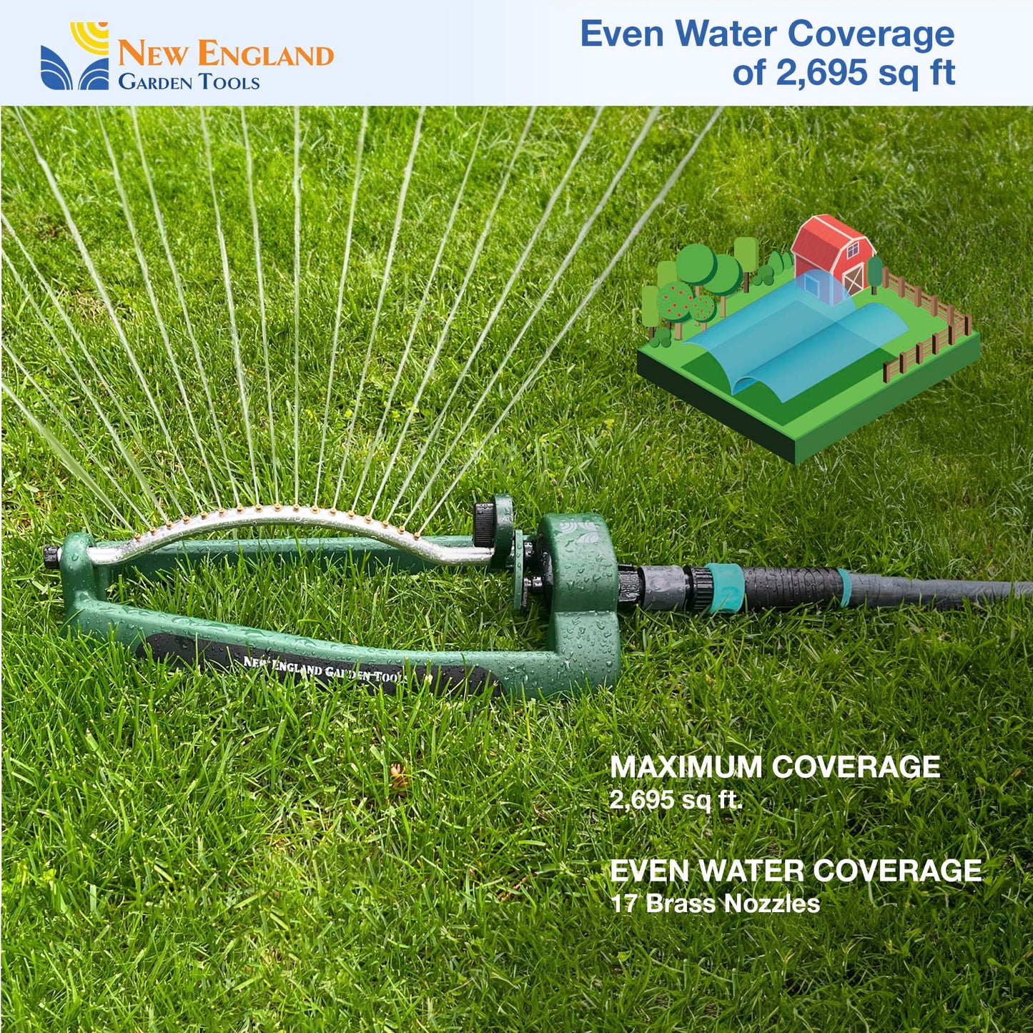 Oscillating Sprinkler 100006, Adjustable Pattern to Cover Up to 2,695 Square Feet, 17 Brass Nozzles on Metal Tube for Even Lawn Watering, by New England Garden Tools