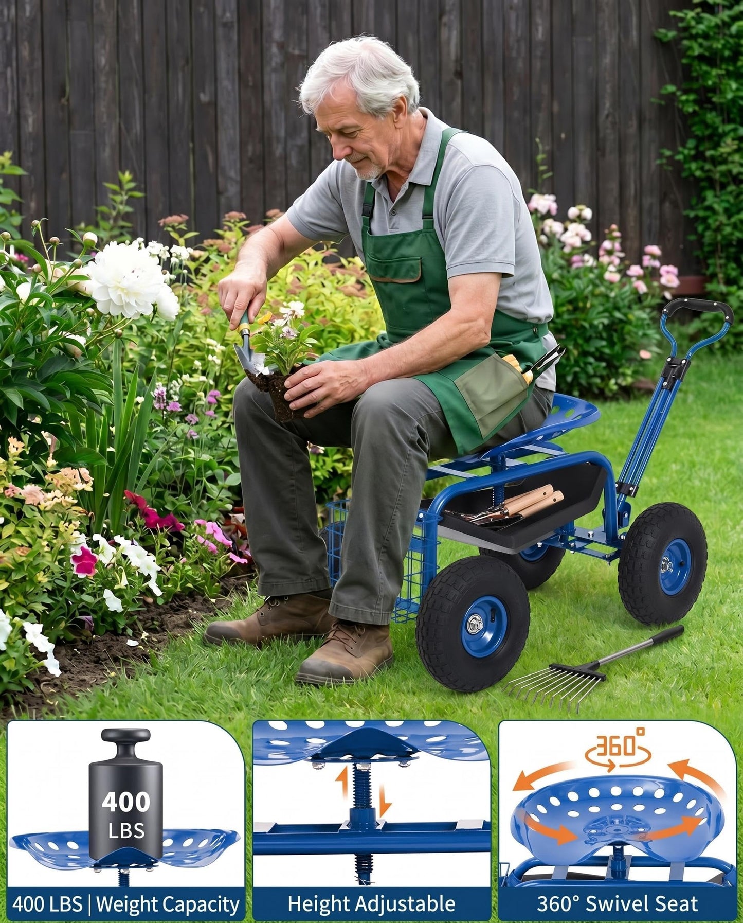 Heavy Duty Garden Cart, Garden Scooter Rolling Work Seat, 360° Swivel with 10-Inch All-Terrain Inflatable Tires, Extendable Steering Handle & Metal Tool Tray for Planting, Weeding, Yard Work