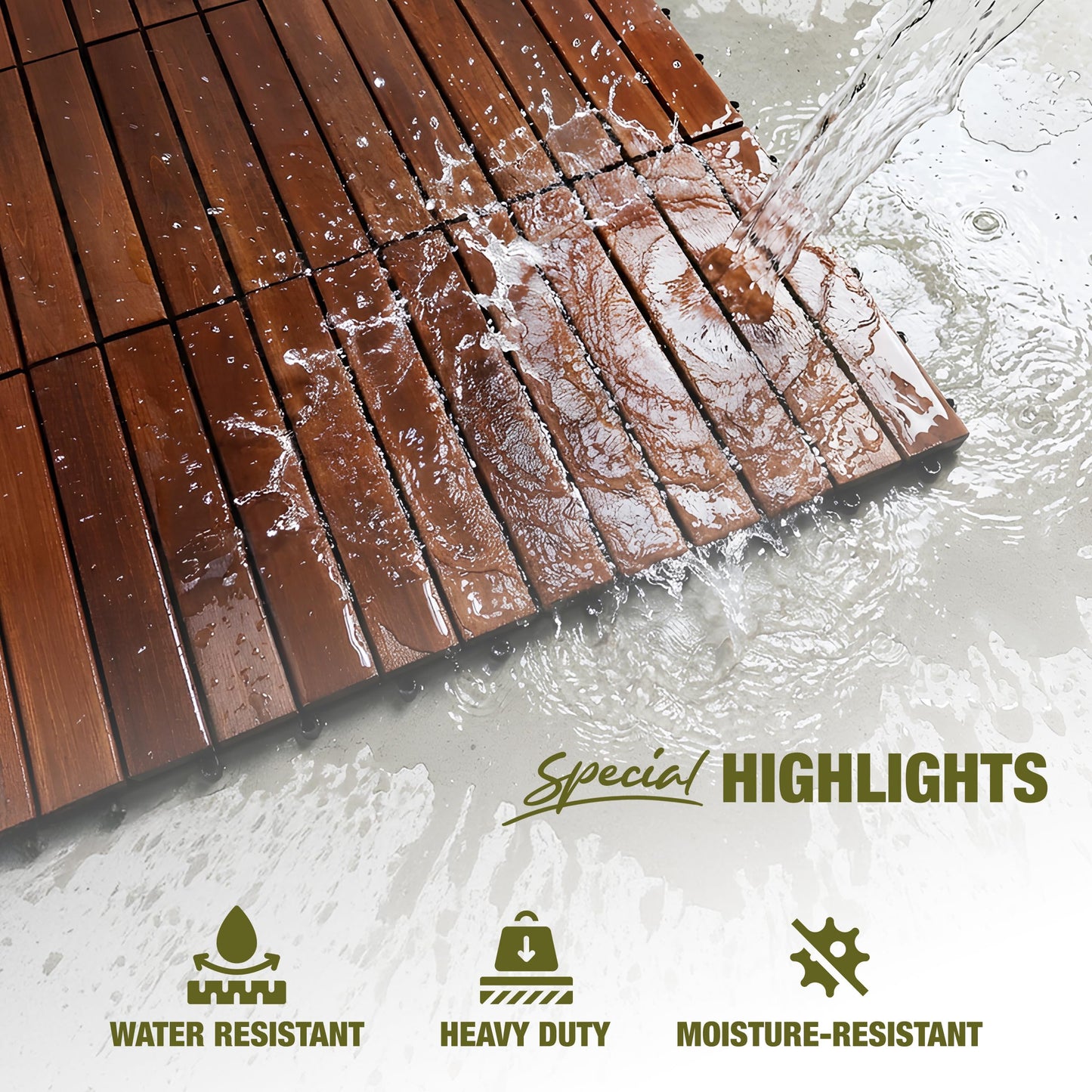GREEN ALLUVIUM Premium Acacia Wood Interlocking Deck Tiles, 12"x12"x0.9" Outdoor Patio Flooring, Waterproof All-Weather Use, 9 PCS, Dark Brown – Striped Pattern