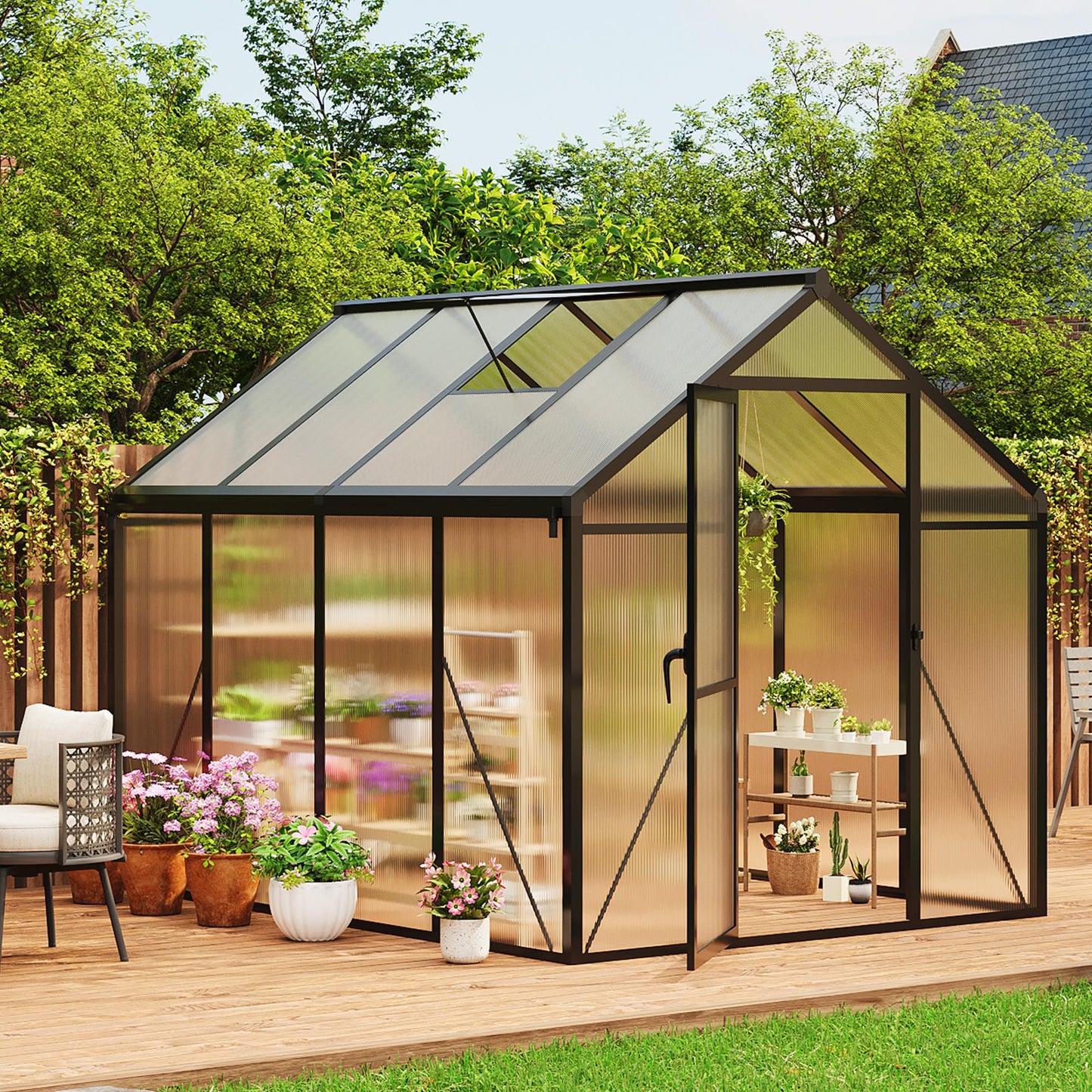 6X8 Ft Polycarbonate Greenhouse Sunroom with Aluminum Frame, Outdoor Greenhouse for Vegetables Herbs Flowers, Lockable Door & Adjustable Roof Vent, Patio Backyard Greenhouse Kit for Gardening, Black