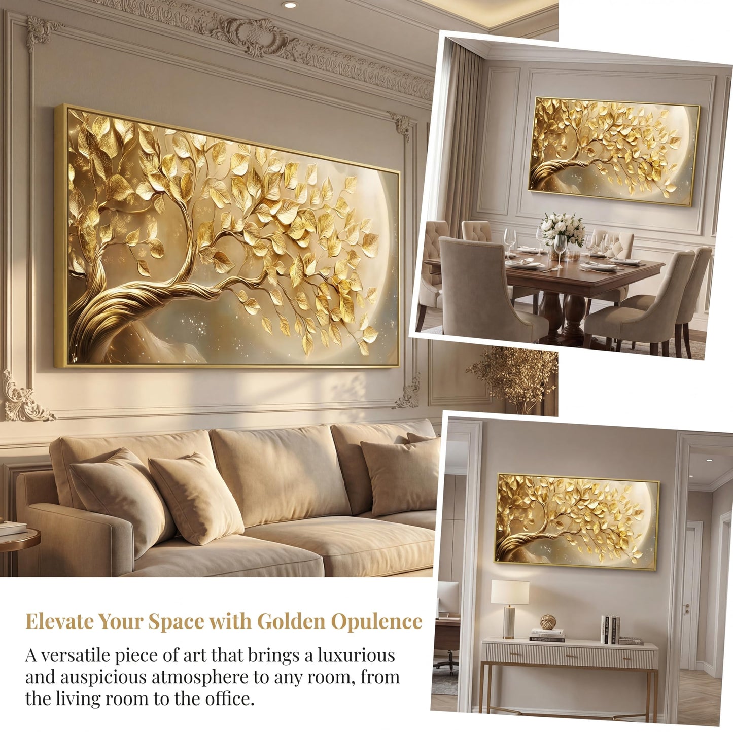 BirdSuite Gold Framed Golden Leaf Money Tree Wall Art, Luxury 3D Effect Canvas Print, Ready to Hang Wall Decor for Living Room Bedroom Office Dining Room Entryway, 48x24 Inch