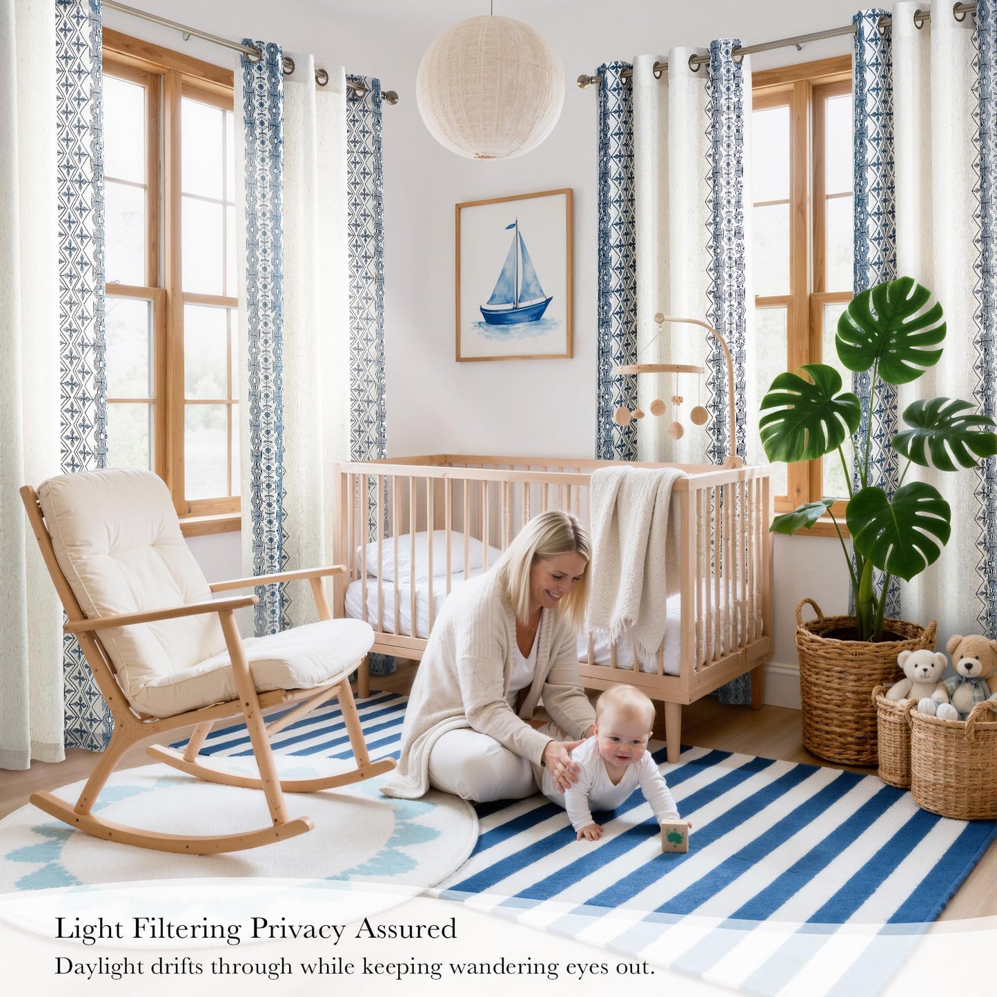 NICETOWN Boho Curtains with Navy Blue Trim 84" Long 2 Panels, Embroidered Cream Linen Textured Geometric Drapes with Antique Bronze Grommets, Light Filtering Window Treatment for Living Room & Nursery