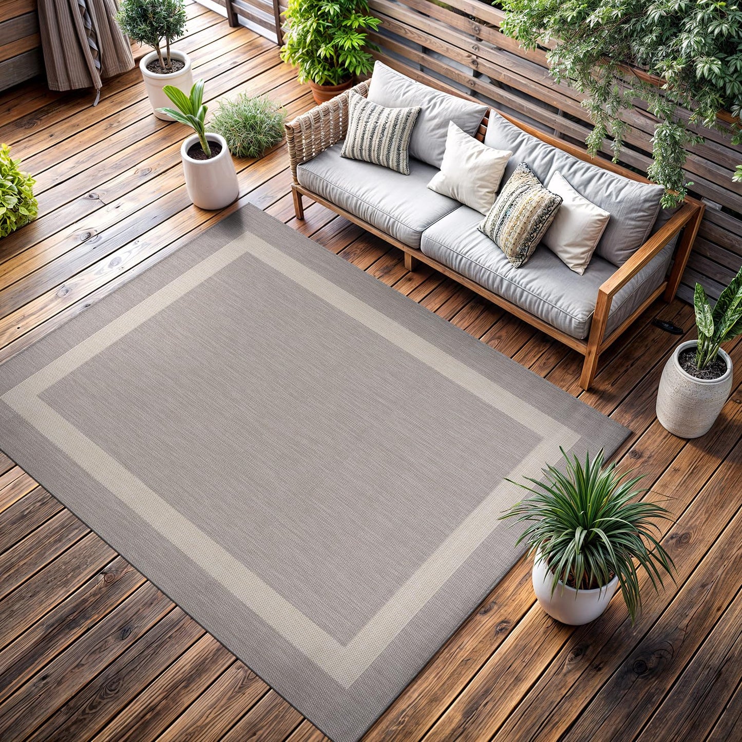 CAMILSON Outdoor Rug 6x9,Modern Outside Rugs for Patios Porches Waterproof Durable Washable Non-Shedding, Easy-to-Clean Indoor Outdoor Area Carpet (6 x 9, Bordered - Gray/White)