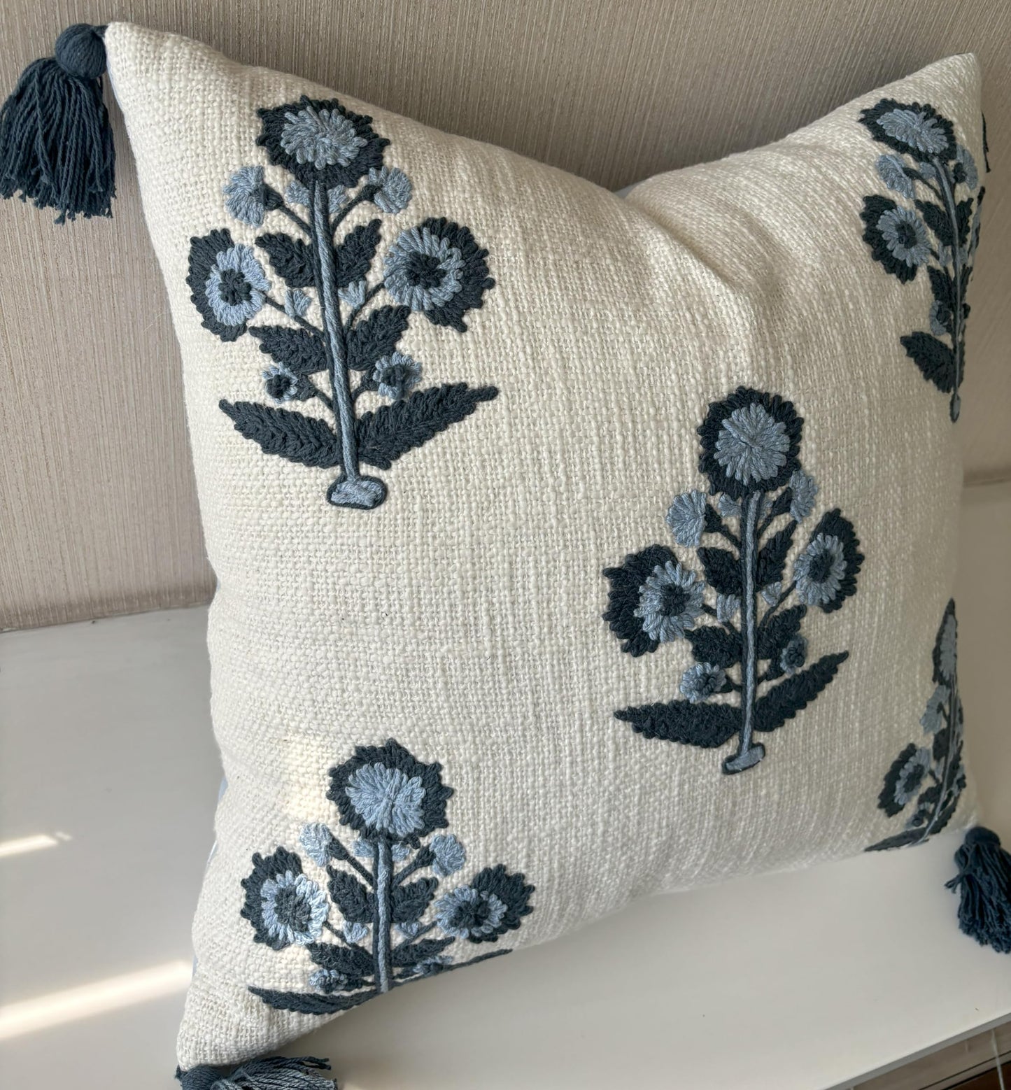 YugTex Hand Embroidered Pillow Cover - 20x20 Ivory Cotton Blue Floral Botanical - Russell Motif