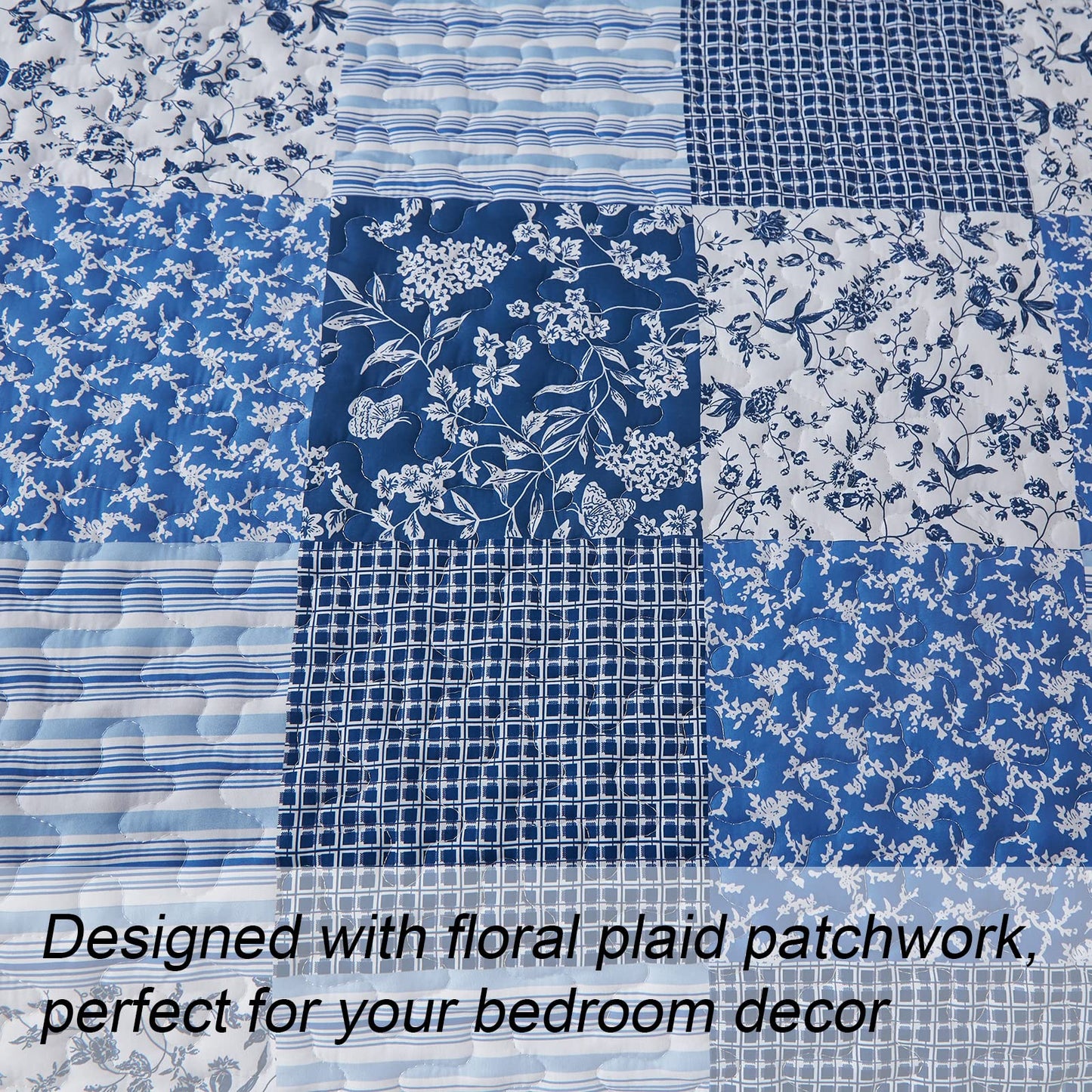 Mybedsoul Blue Boho Quilt Set Queen Size,3 Pieces Plaid Floral Bedspread Coverlet Set for All Season,Patchwork Reversible Bedding Set Queen 90"x96"