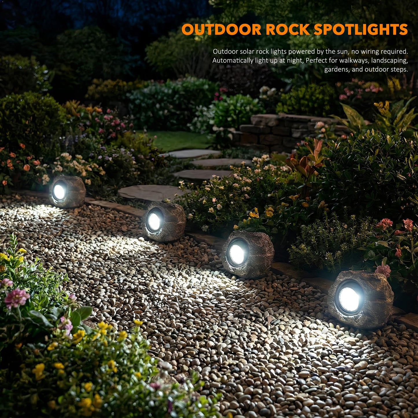 Solar Rock Lights Outdoor – 2 Pack Waterproof LED Landscape Garden Spotlights, Realistic Stone Design, Wireless Solar Powered Pathway Lights for Yard, Walkway, Patio & Lawn Decoration (Auto On/Off)