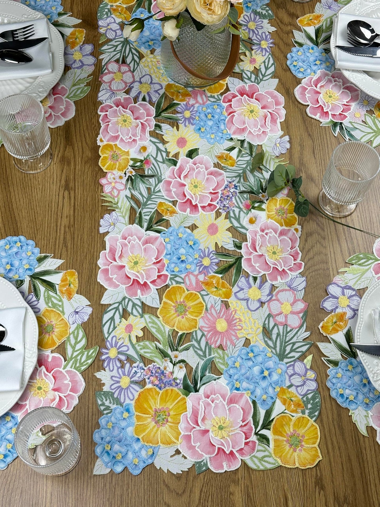 KEVA Floral Spring Table Runner 36inches Long, Flower Cutwork Embroidered Table Runner 13inch x 36inch, Easter Seasonal Spring Table Decorations for Kitchen Dining Table