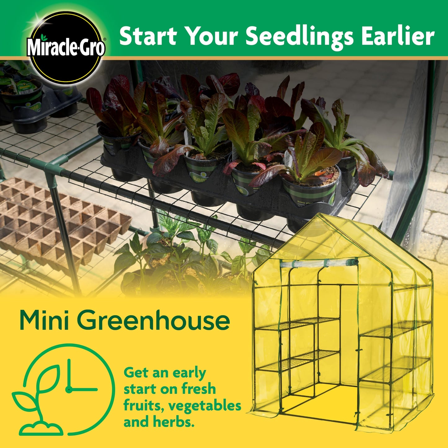 Miracle-GRO 4'8" x 4'8" x 6'5" Outdoor Mini Walk-in Greenhouse Plant Tent, All-Season Small Walk-in Plant Growth Accelerator with 8 Wire Shelves, Clear