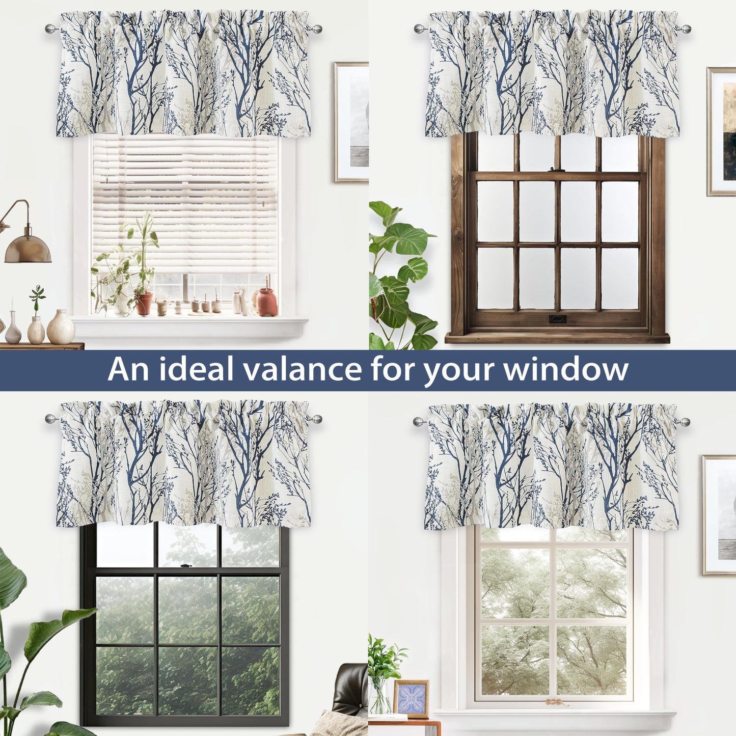 DriftAway Tree Branch Linen Lined Valance Double Layer Thermal Insulated Room Darkening Blackout Valances 3 Inch Rod Pocket Short Window Valance for Living Room Bathroom 52 Inch by 14 Inch Blue